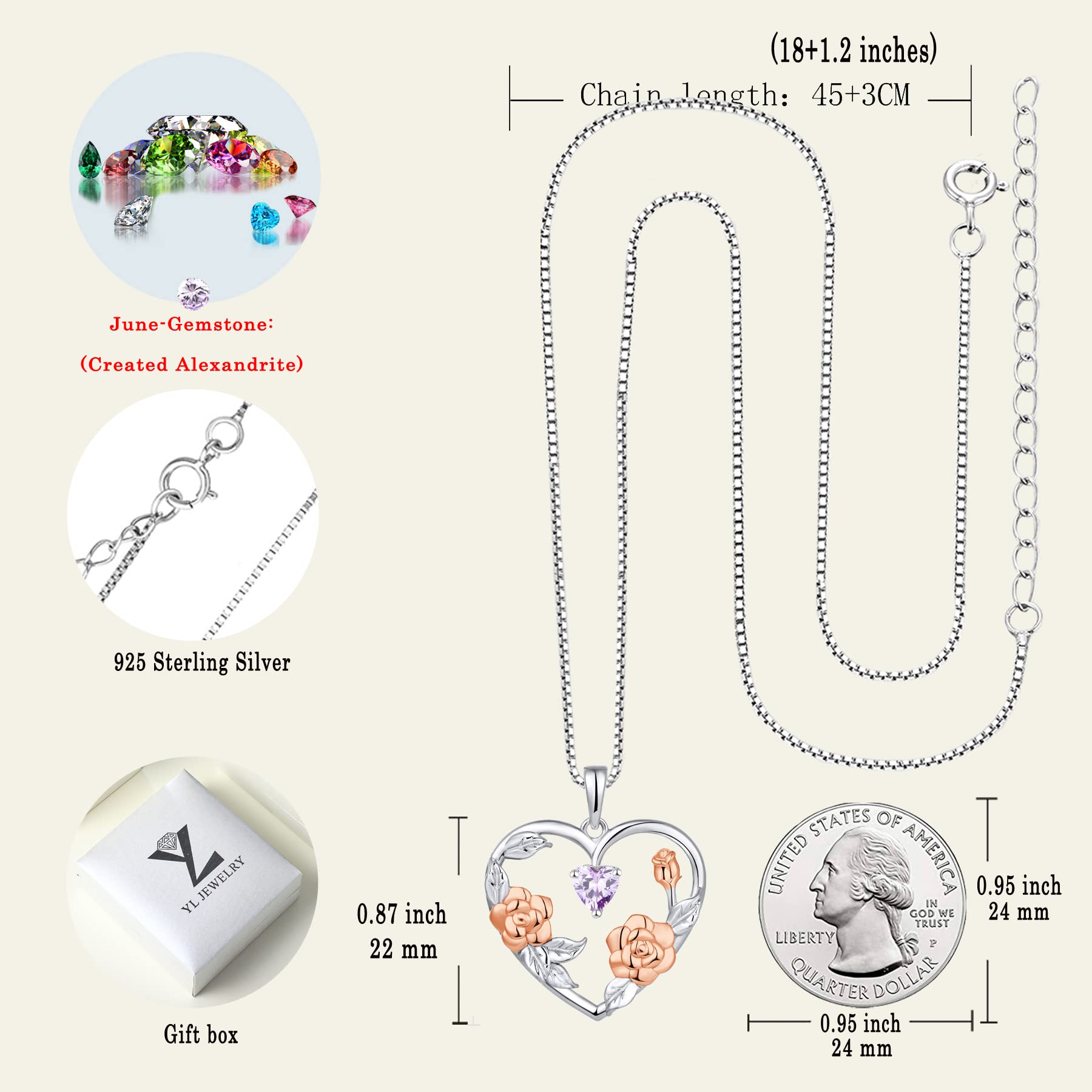 YL Women's Birth Flower Necklace - 925 Sterling Silver Heart Pendant with Gemstones, Personalized Birth Month Jewelry Gift for Her | Perfect for Birthdays, Anniversaries & Mother's Day