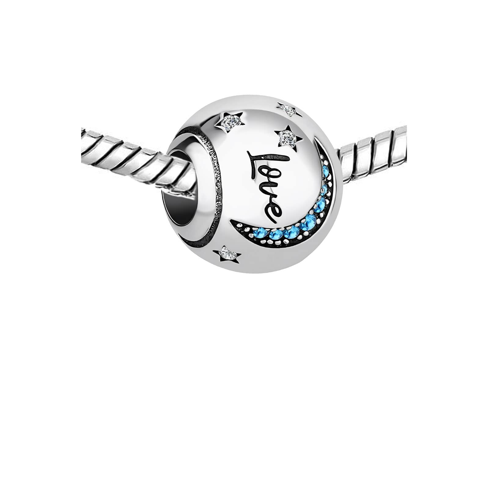 Blue Crystal Love Moon and Star Bead Charms for Pandora Bracelets | KunBead Jewelry | Birthday Gifts for Women | Perfect for Valentine's Day, Anniversary & Everyday Wear