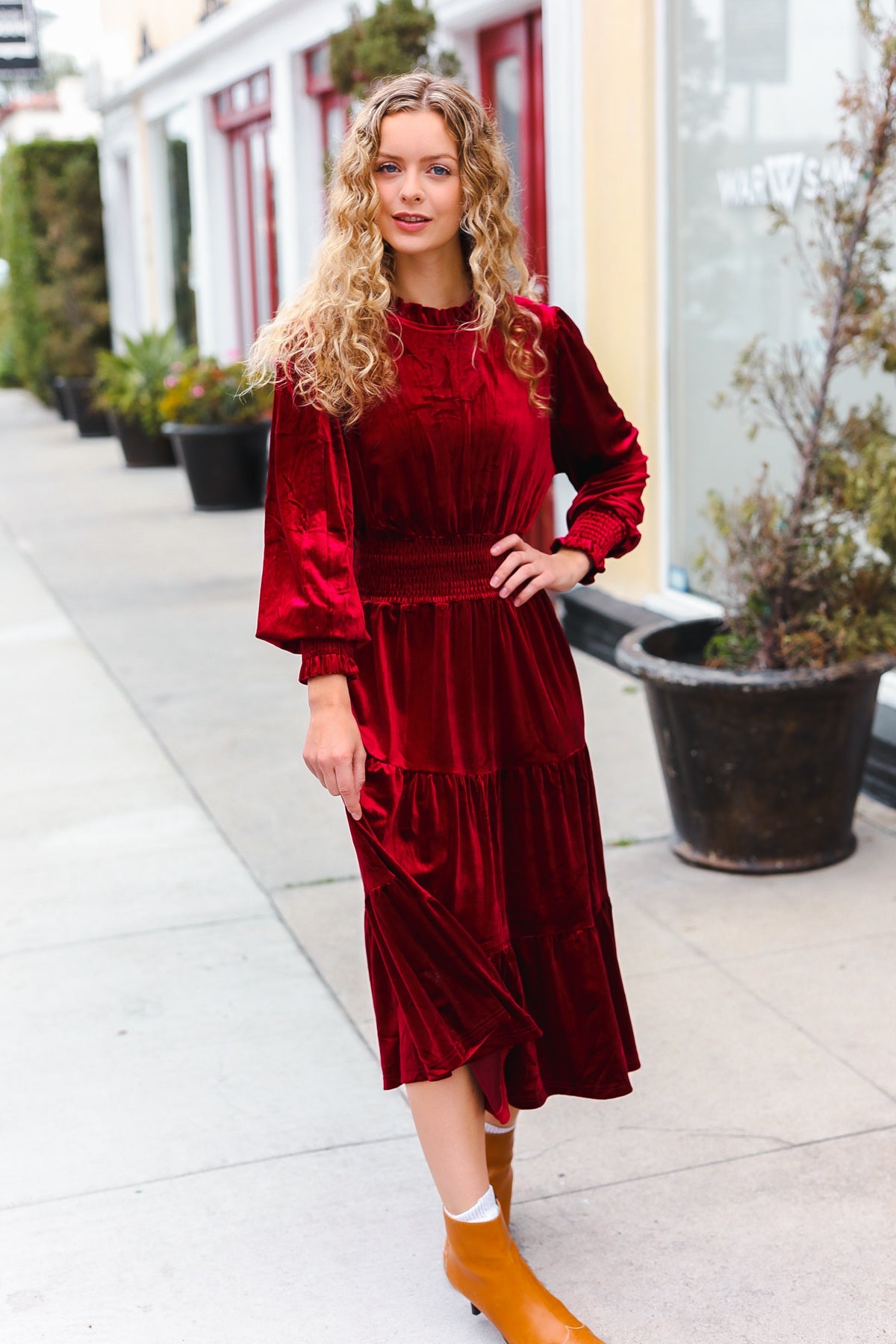 Burgundy Velvet Mock Neck Smocked Waist Dress for Women - Elegant Holiday Party & Christmas Dinner Outfit