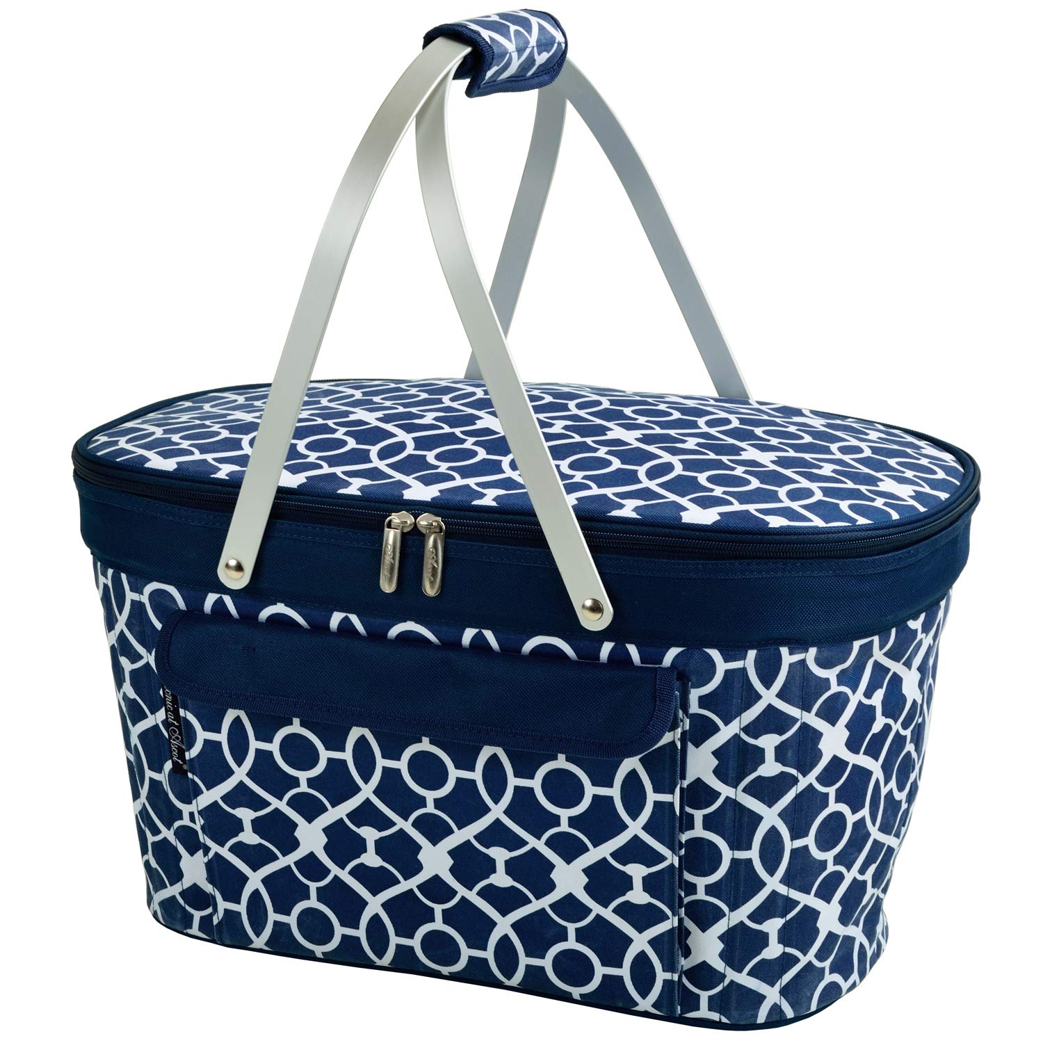 Collapsible Insulated Picnic Basket Cooler Bag - Portable Food & Drink Carrier for Beach, Camping, Tailgating - Trellis Blue