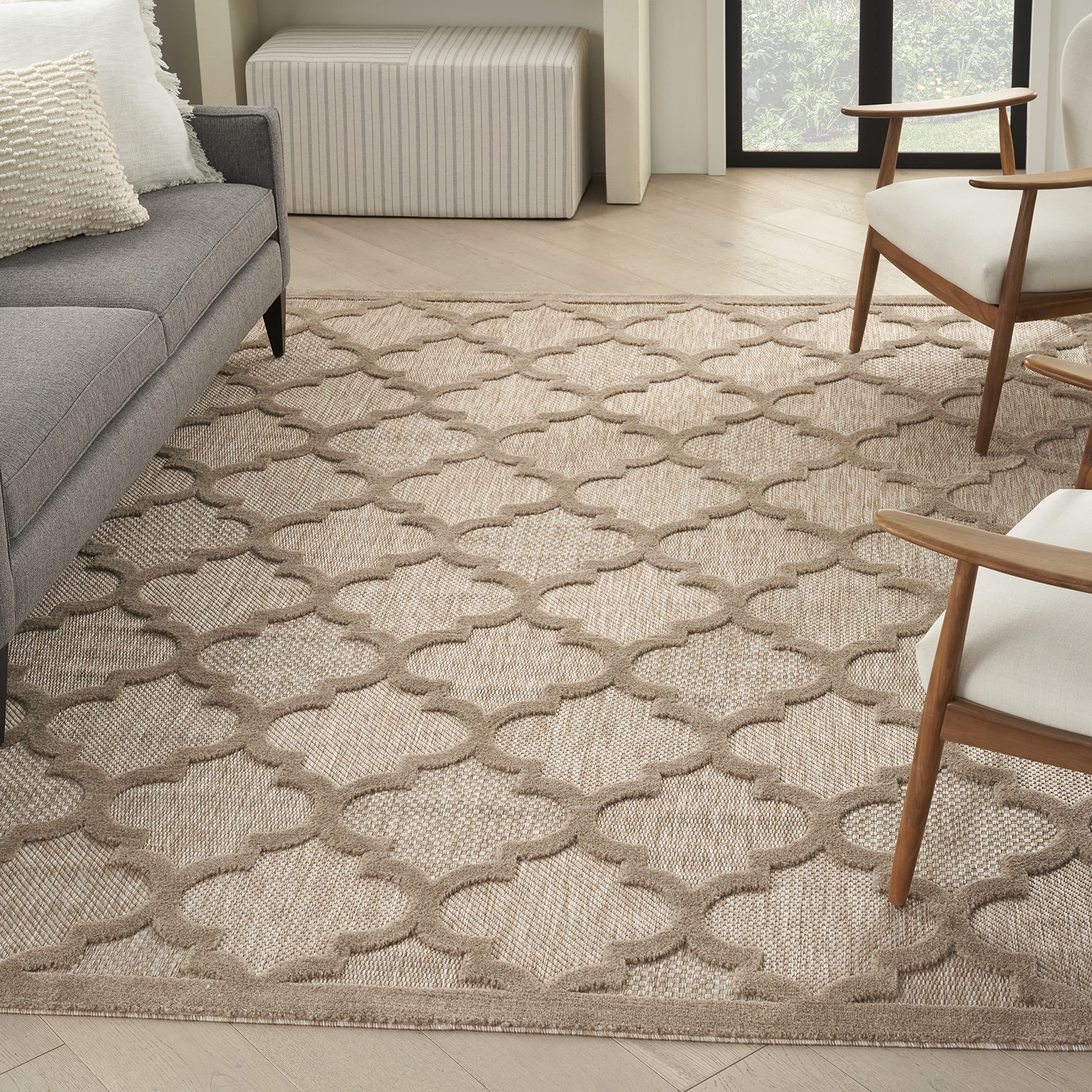 Nourison Easy Care Moroccan Trellis 7' x 10' Area Rug - Natural Beige, Non-Shedding & Easy Cleaning | Perfect for Bedroom, Living Room, Dining Room, Outdoor Deck & Patio Decor