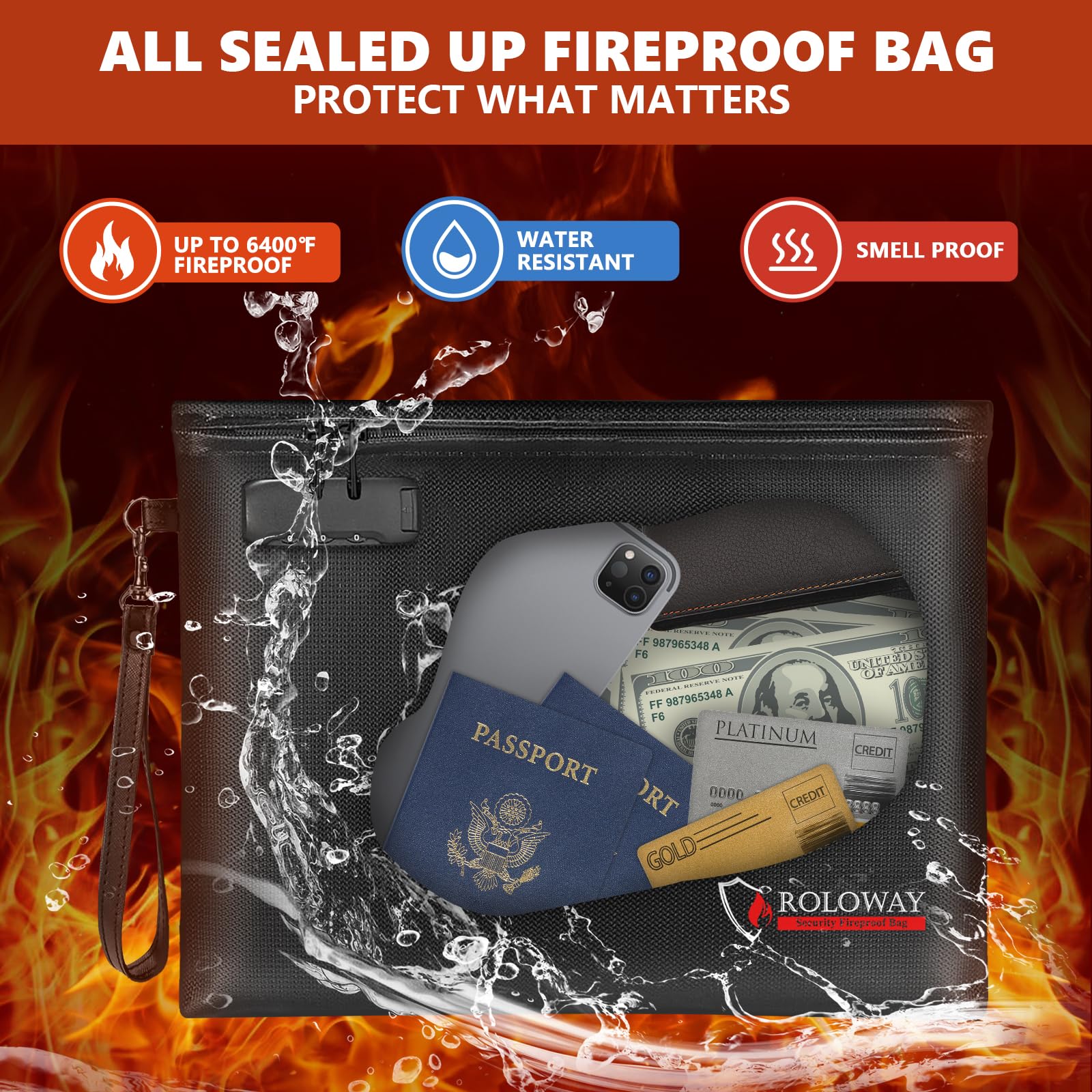 ROLOWAY Fireproof Document Bag 14.5 x 11.5 Inch - 6400℉ Fireproof Money Pouch with Zipper & Lock - Waterproof & Smell Proof Cash Bag for Bankers, Travel & Home Security - Black Fire Safe Storage Solution for Important Documents, Passports & Valuables