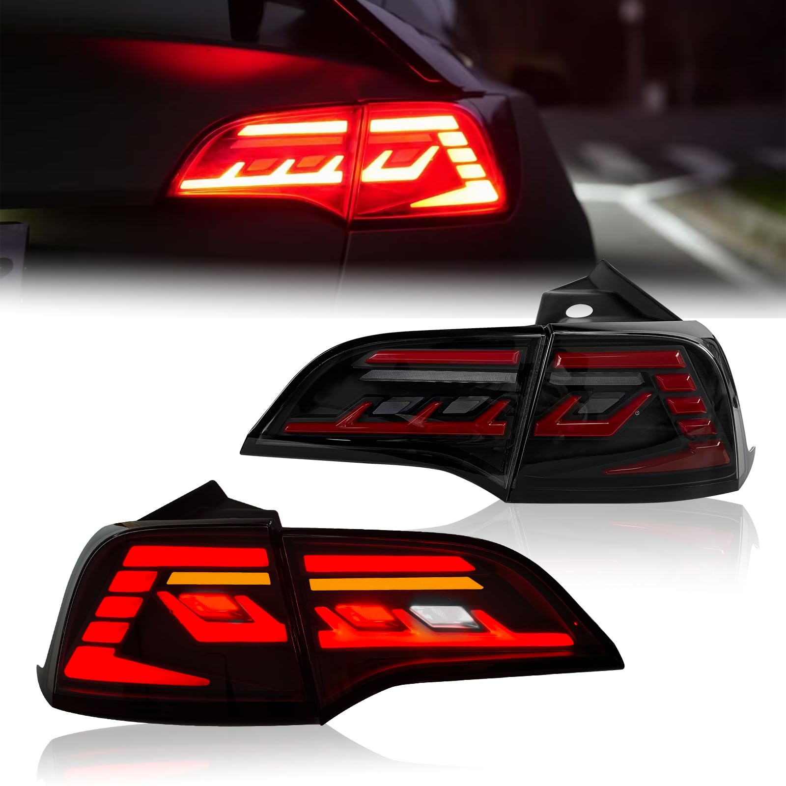 Smoked LED Tail Lights for Tesla Model 3 & Model Y (2017-2021) - Sequential Turn Signal DRL Taillight Assembly Pair (Left & Right) - Upgrade Your Tesla's Style & Safety for Night Driving & Enhanced Visibility