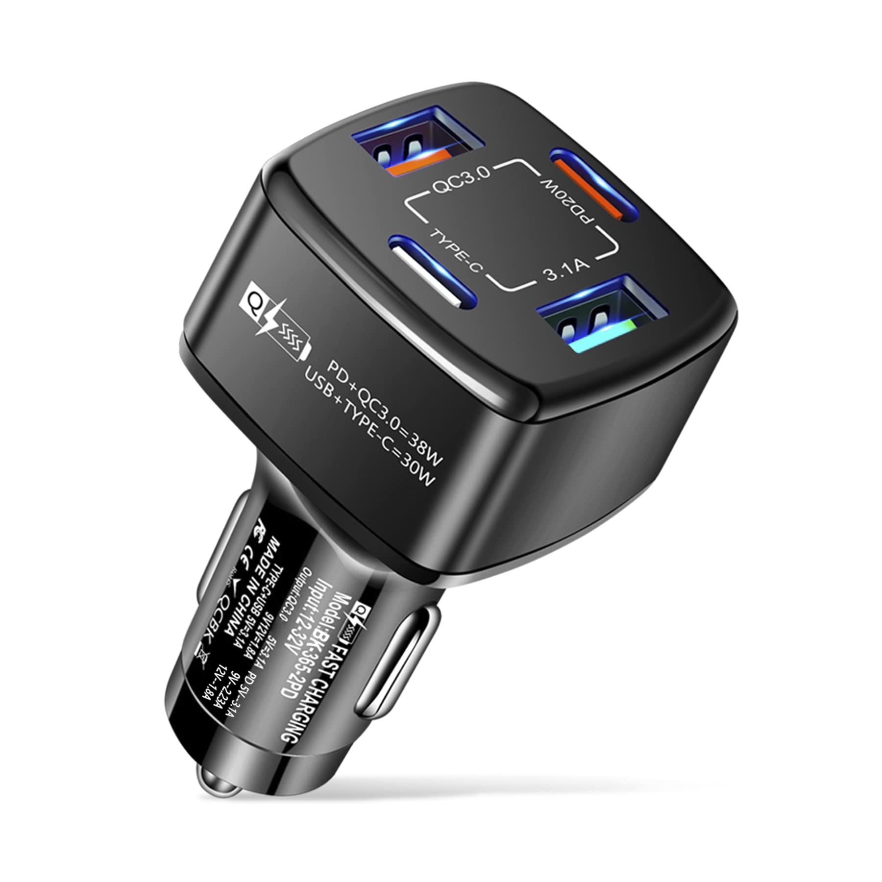 Amiss 38W 4-Port USB C Car Charger with PD & QC3.0 Fast Charging - Dual USB-A & Type-C Ports (30W) for iPhone 15/14/13, Samsung Galaxy, Android Phones - Perfect for Road Trips & Family Travel - Black Car Interior Accessories