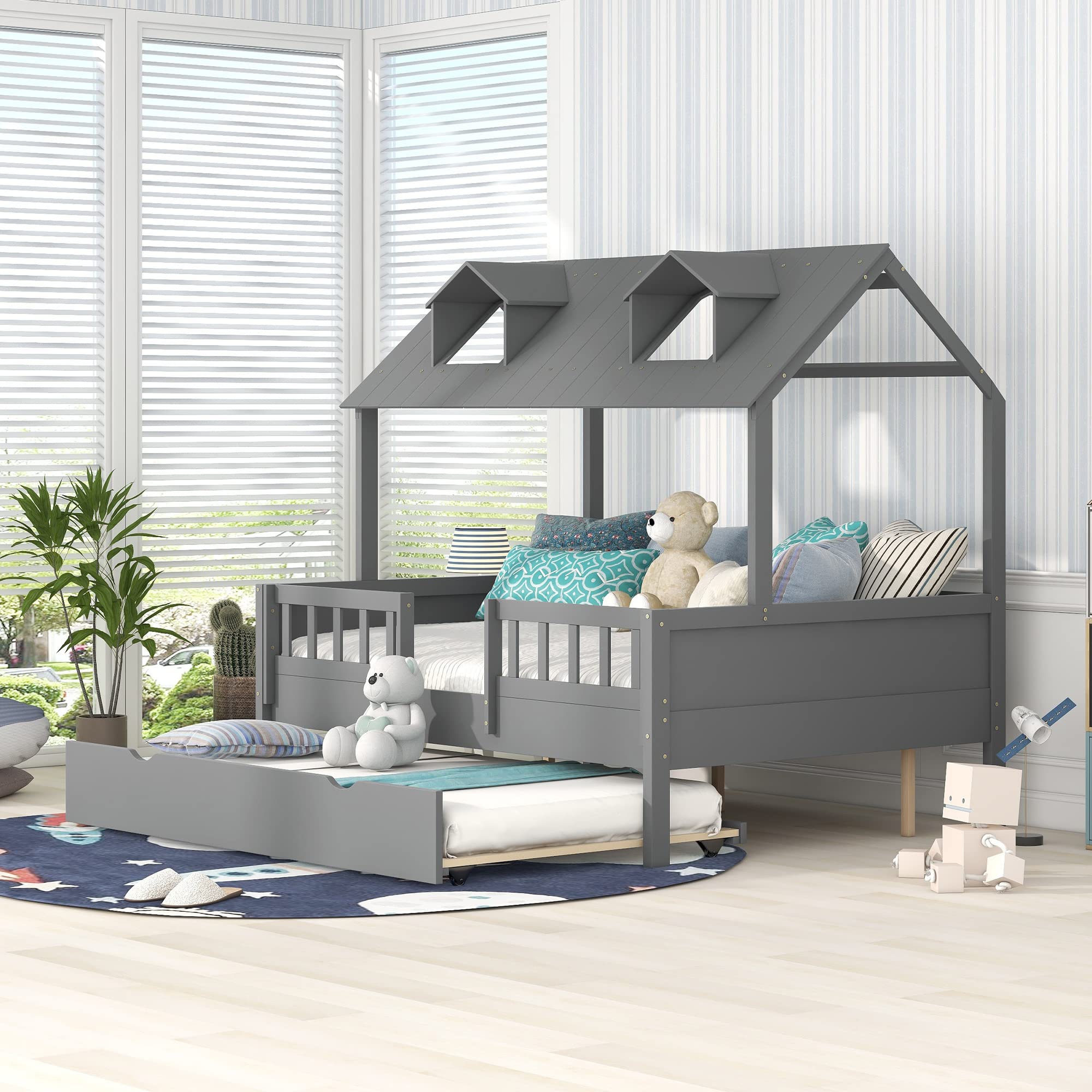 MERITLINE Full House Wooden Platform Bed Frame with Trundle and Roof - Gray Twin/Full Size Kids Bed for Boys & Girls | Perfect for Small Bedrooms, Playrooms and Sleepovers