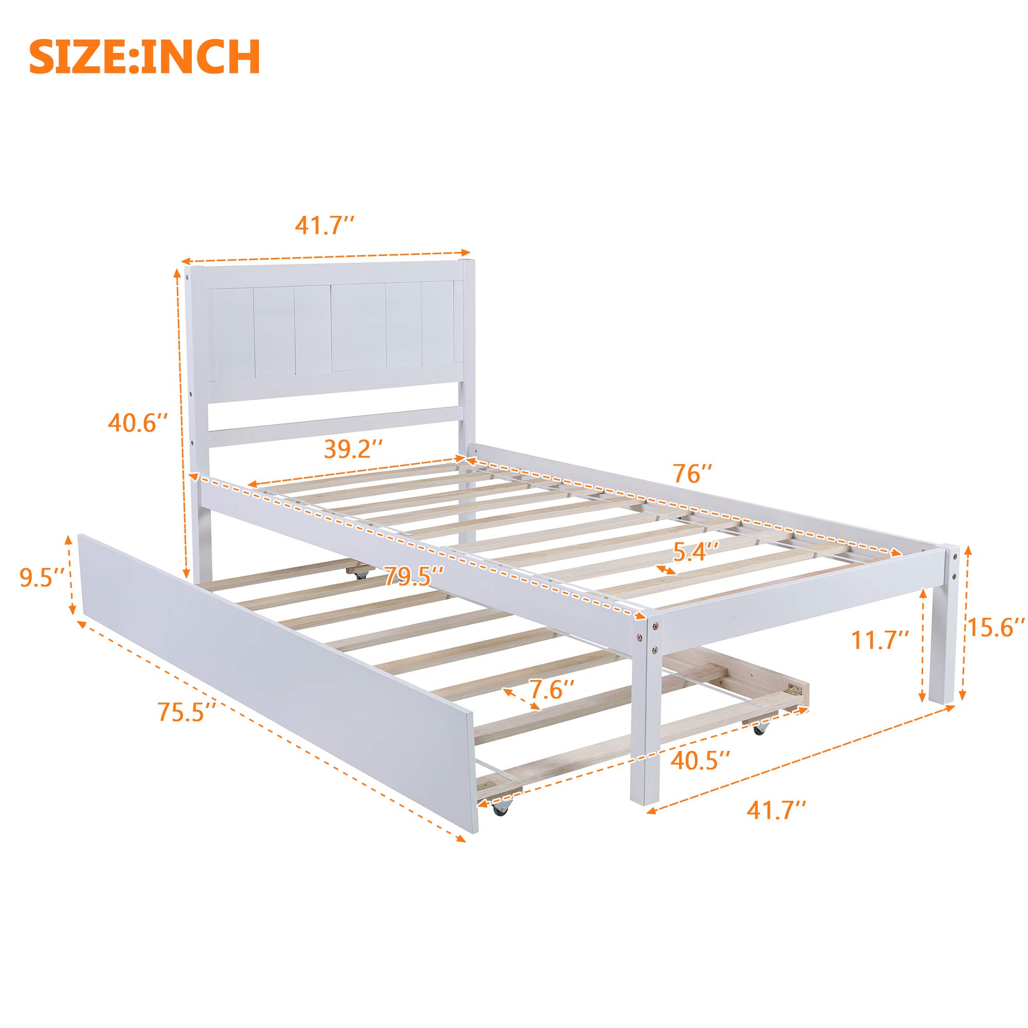 Twin Size Wooden Platform Bed Frame with Headboard & Trundle - No Box Spring Required, Easy Assembly (White) - Perfect for Kids Rooms, Guest Beds & Small Space Living