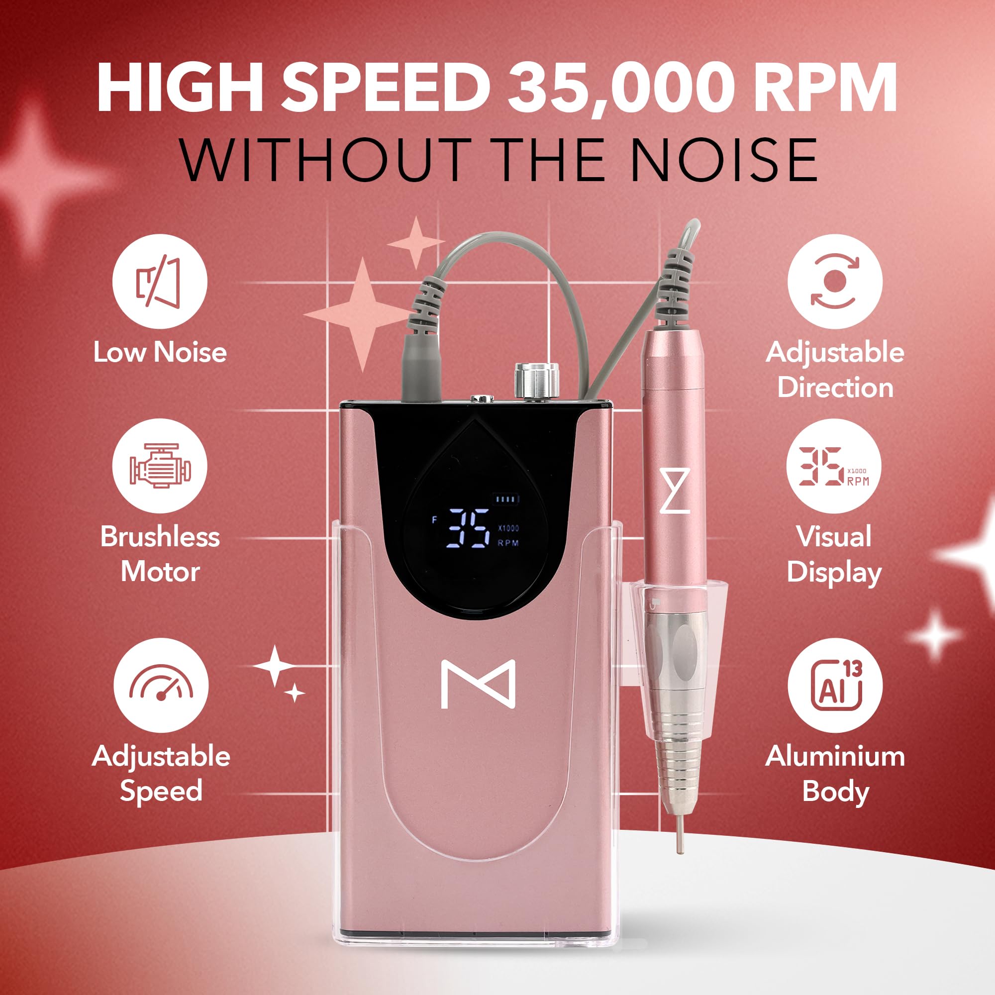 Professional Nail Drill Machine - 2-in-1 Brushless Motor, 35000 RPM, Cordless Electric Nail File with HD Display & Aluminum Alloy Casing - Perfect for Salon, Home Manicure & Pedicure (Rose Gold)