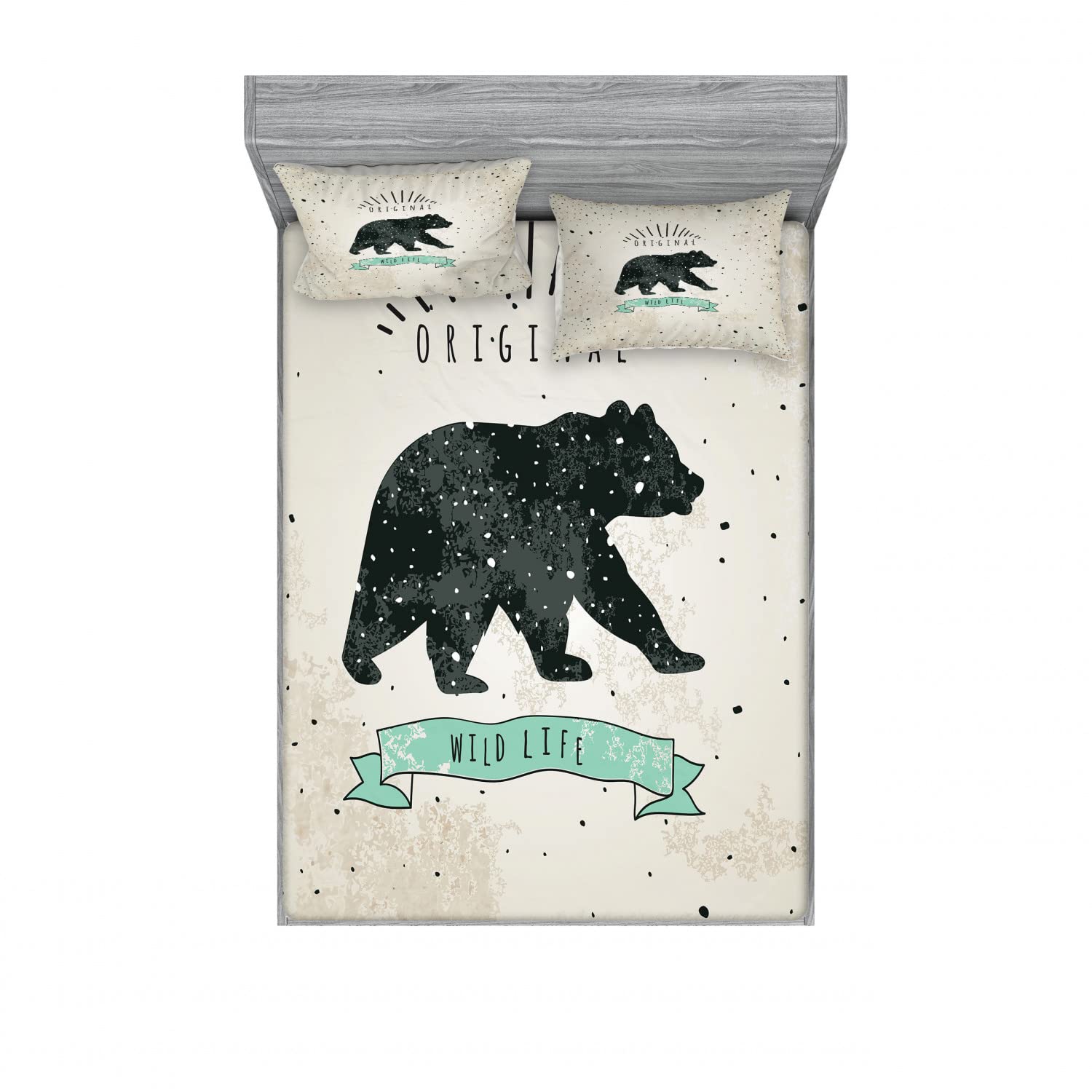 Ambesonne 2-Piece King Size Bear Print Fitted Sheet Set with 4 Pillow Shams - Vintage Wildlife Bedding in Mint Green, Black & Tan - Cozy Bedroom Decor for Cabin, Lodge or Nature-Themed Rooms