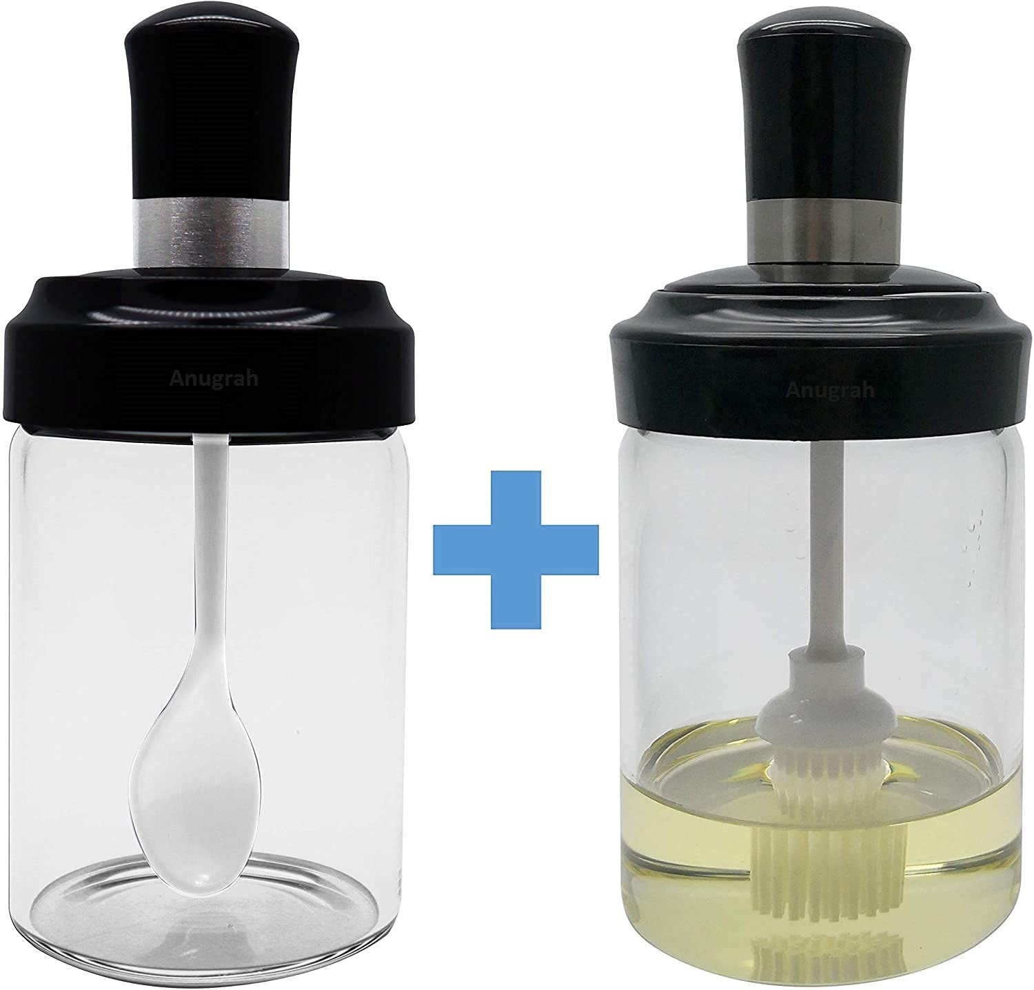 Borosilicate Glass Food Storage Jars with Spoon & Olive Oil Bottle with Brush - Airtight Spice Salt Sugar Condiment Containers for Kitchen & Restaurants - 250ml Transparent Glass Jars - Perfect for Pantry Organization, Meal Prep & Gourmet Cooking