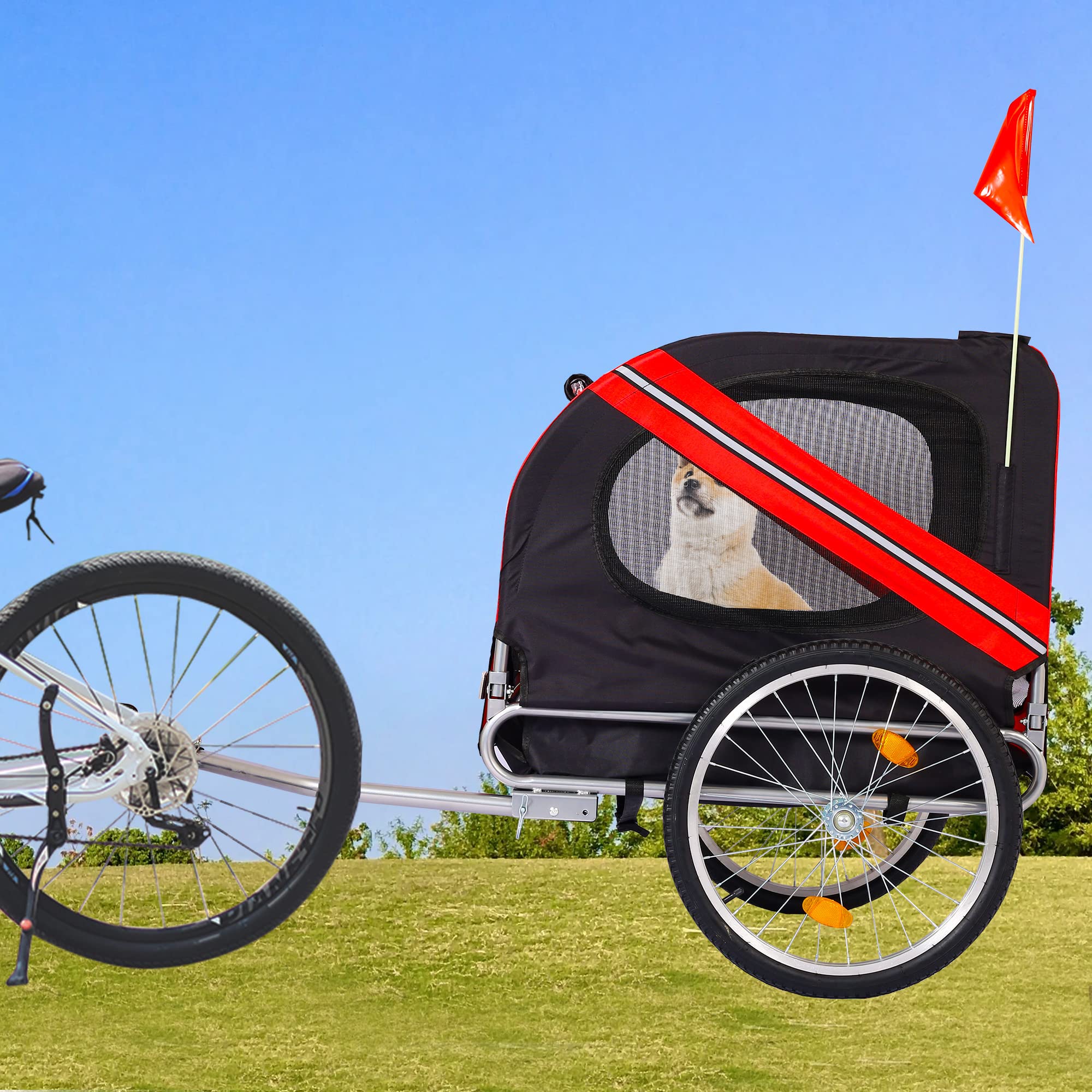 Foldable Bike Dog Trailer with 3 Entry Points - Safety Flag & 8 Reflectors, 20