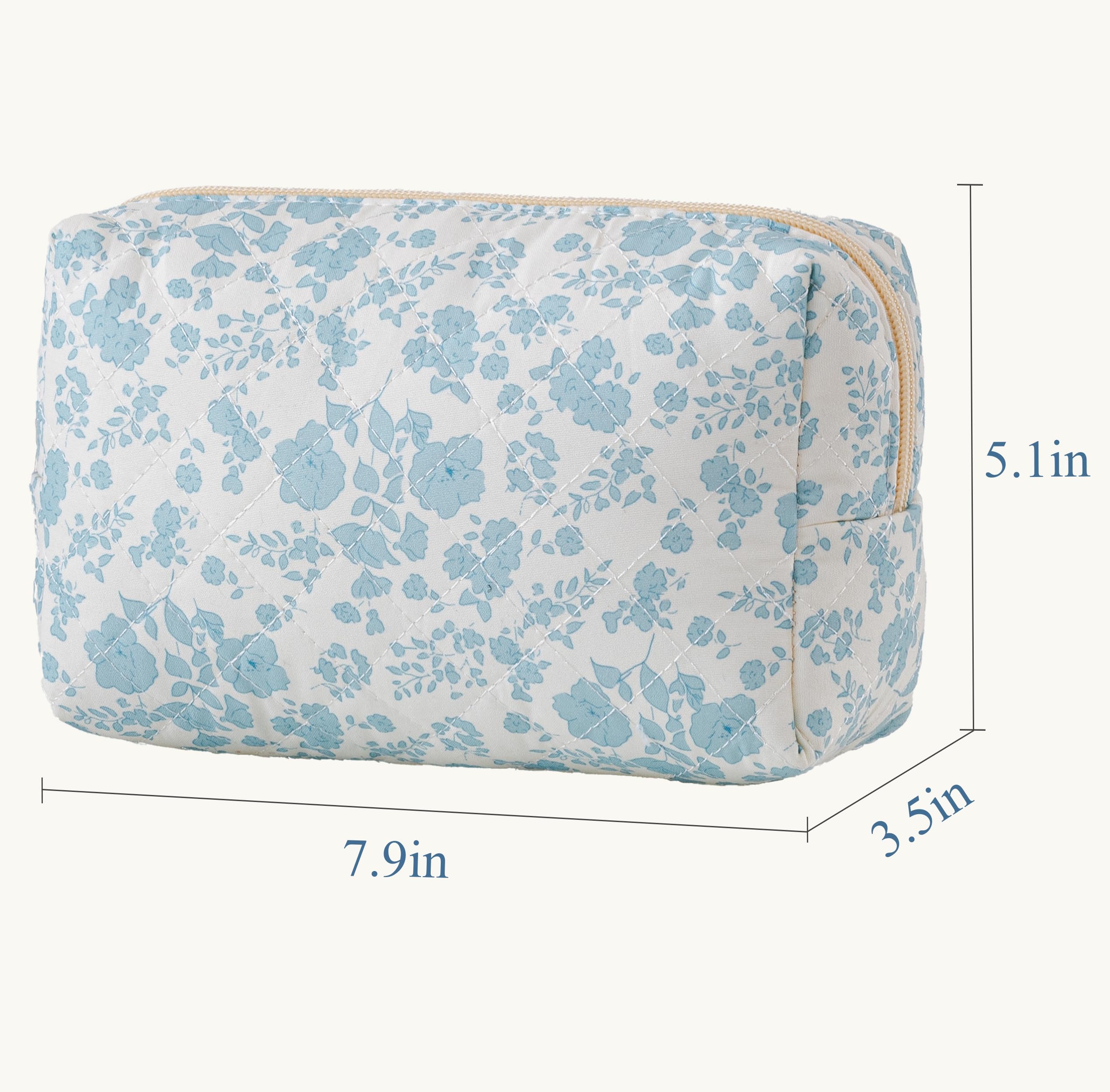 HBselect Quilted Makeup Bag for Women - Large Travel Cosmetic Organizer with Floral Design, Cotton Toiletry Bag for Girls (Blue Flower) | Perfect for Travel, Gym & Daily Essentials Storage