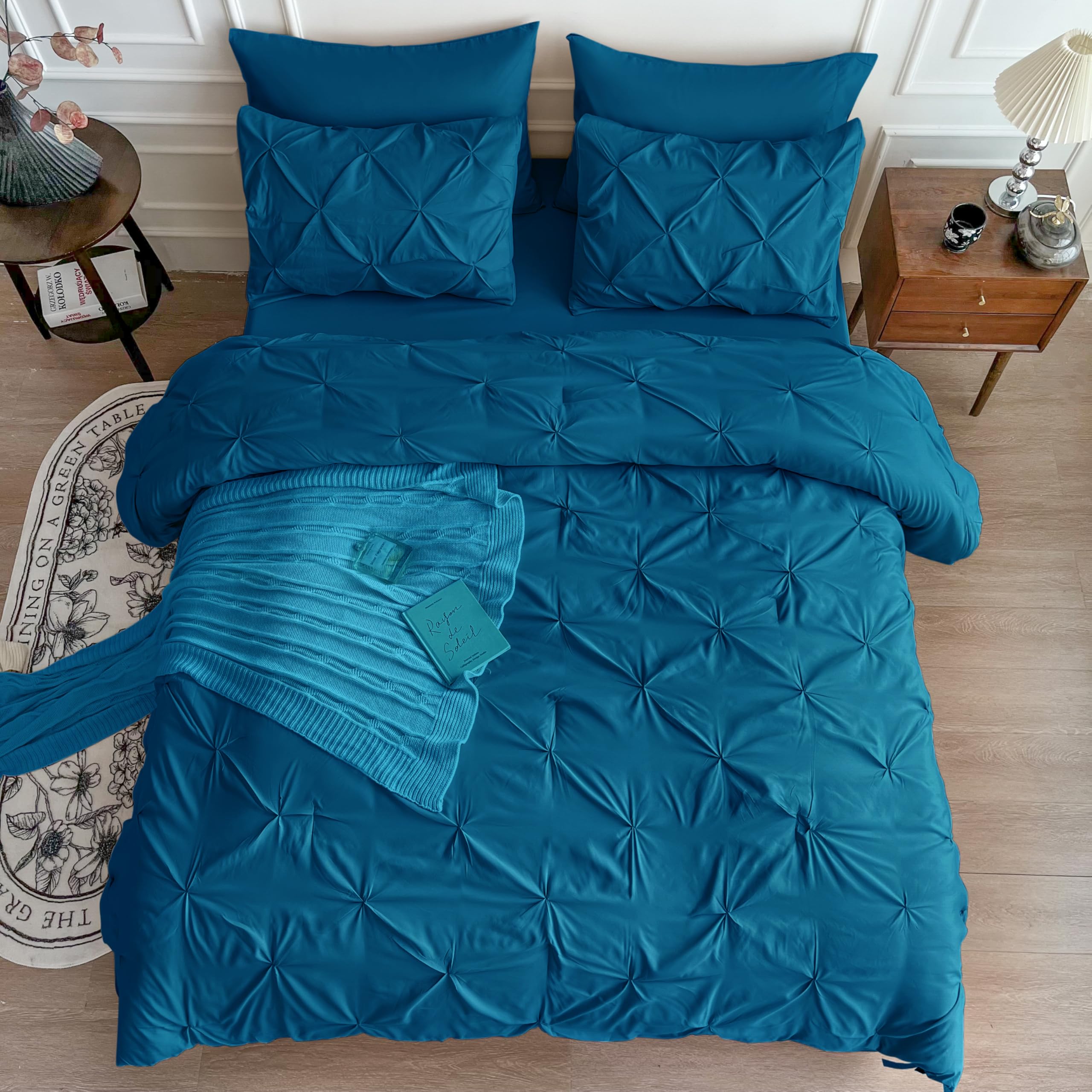 Maple & Stone 7-Piece King Size Comforter Set - Pintuck Design Bed in a Bag with Comforter, Sheets & Pillow Shams (Teal) | Luxury Bedding for Master Bedroom & Guest Room