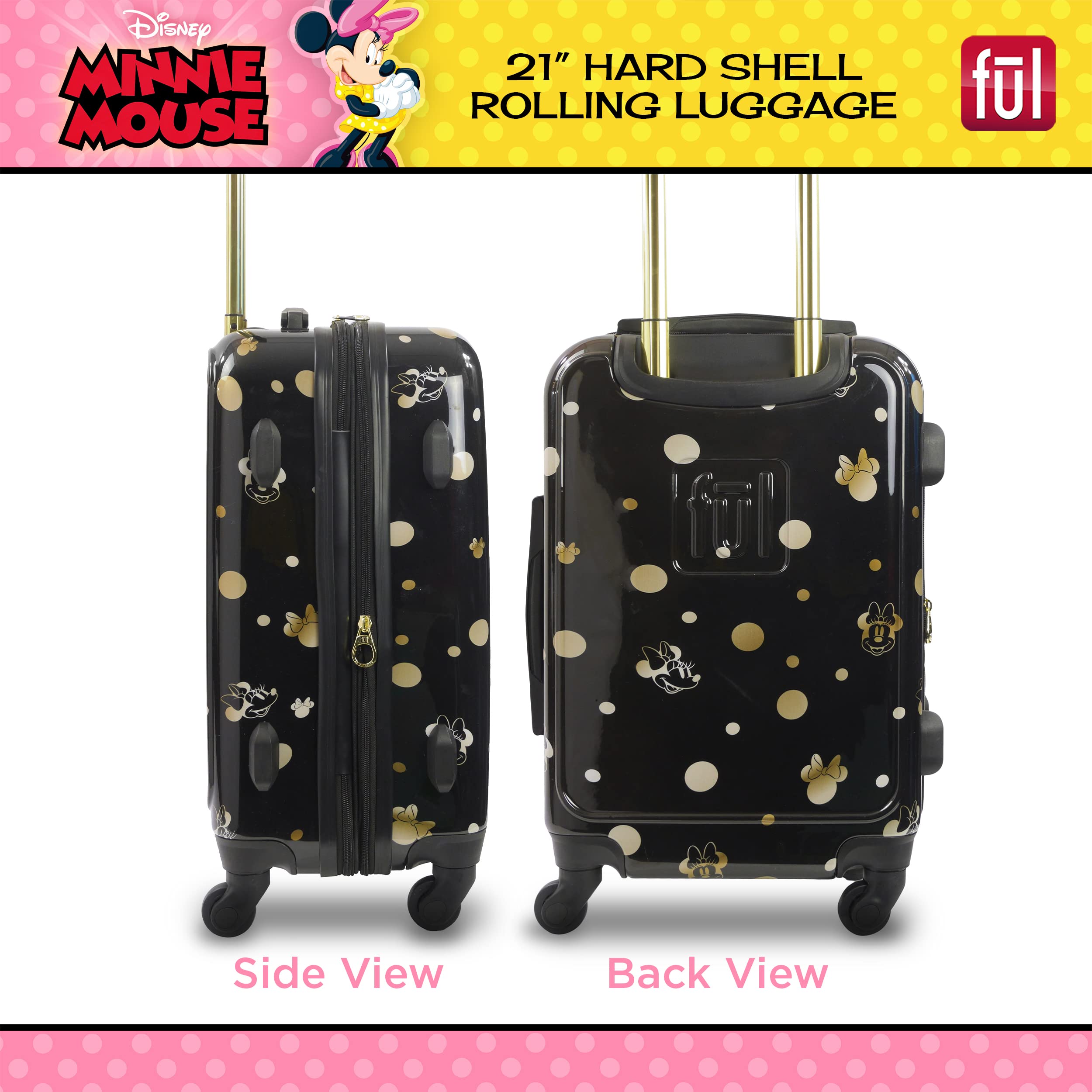 Disney Golden Minnie Mouse Hardshell Spinner Carry-On Luggage - Black Rolling Suitcase for Women & Kids, Perfect for Air Travel, Vacation & Business Trips