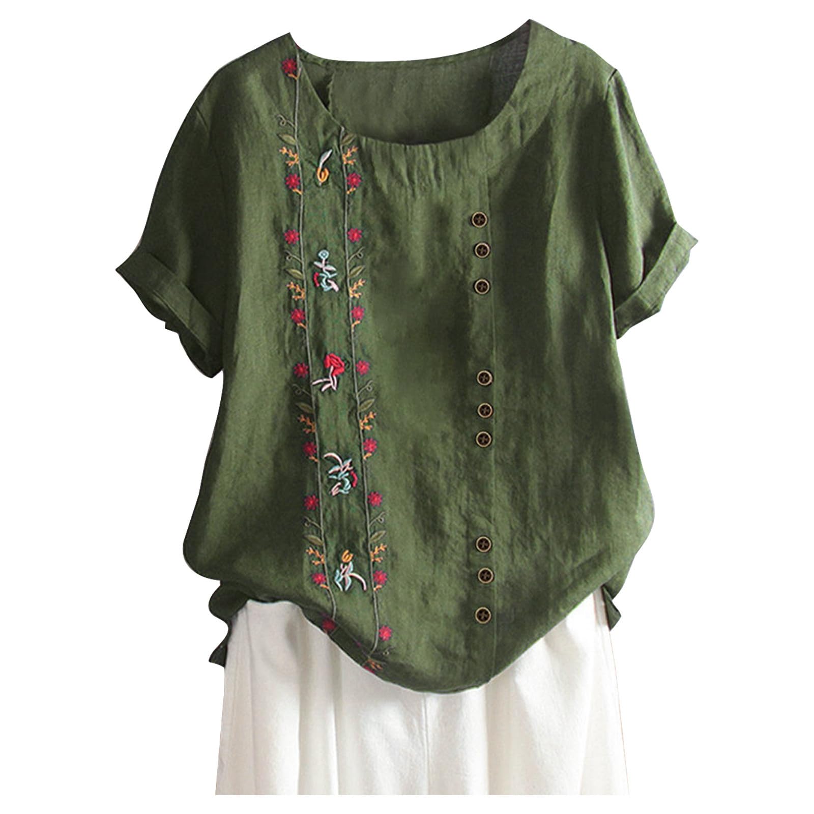 Women's Short Sleeve T-Shirt - Floral Embroidered Round Neck Casual Top with Unique Button Detail | Comfortable XX-Large Plus Size Summer Outfit | Perfect for Daily Wear, Weekend Outings & Vacation Style 2024