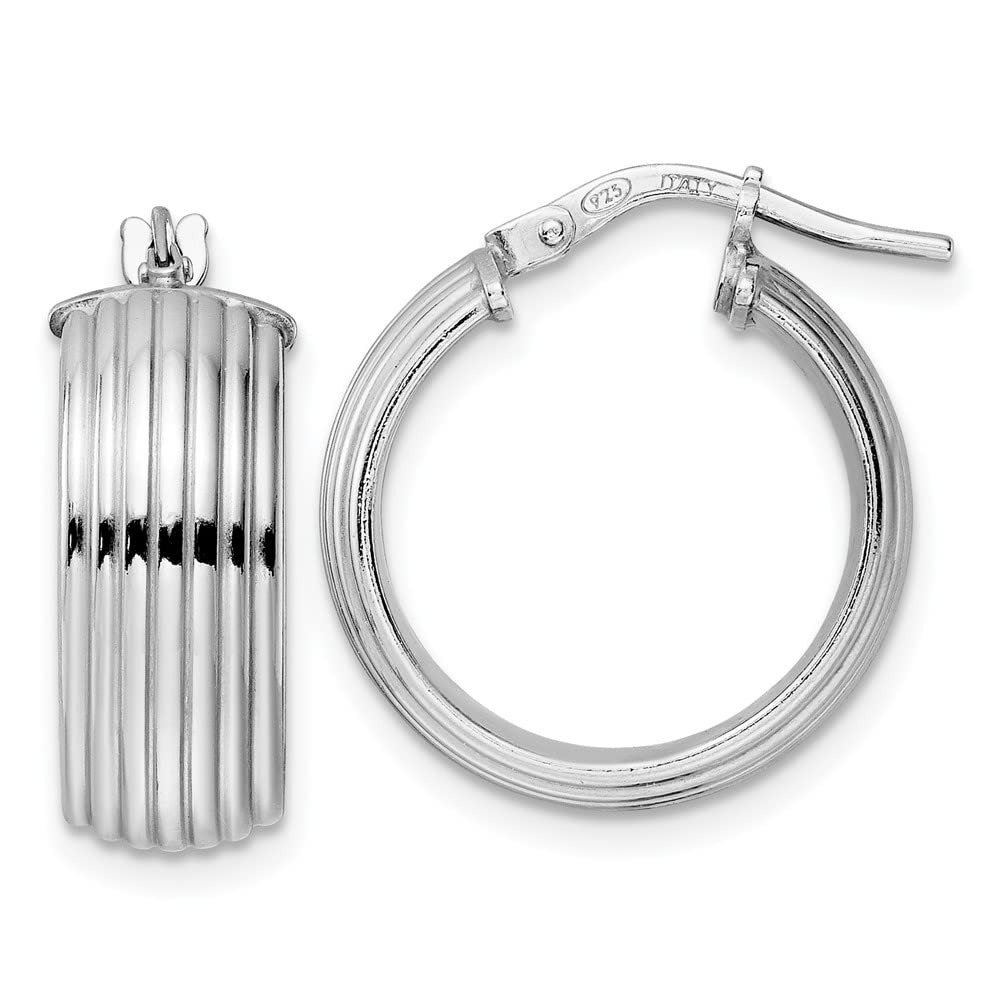 Stylish Sterling Silver Polished Grooved Hoop Earrings - 0.81 Inch Length, 0.73 Inch Width - Perfect for Everyday Wear, Parties & Special Occasions