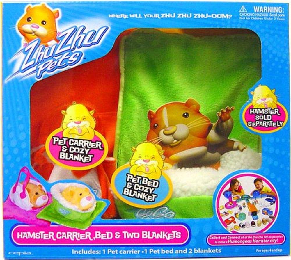 Go Go Pets Zhu Zhu Pet Hamster Accessory Kit - Portable Hamster Carrier, Cozy Bed & 2 Soft Blankets (Green & Orange) for Small Pet Travel & Home Comfort