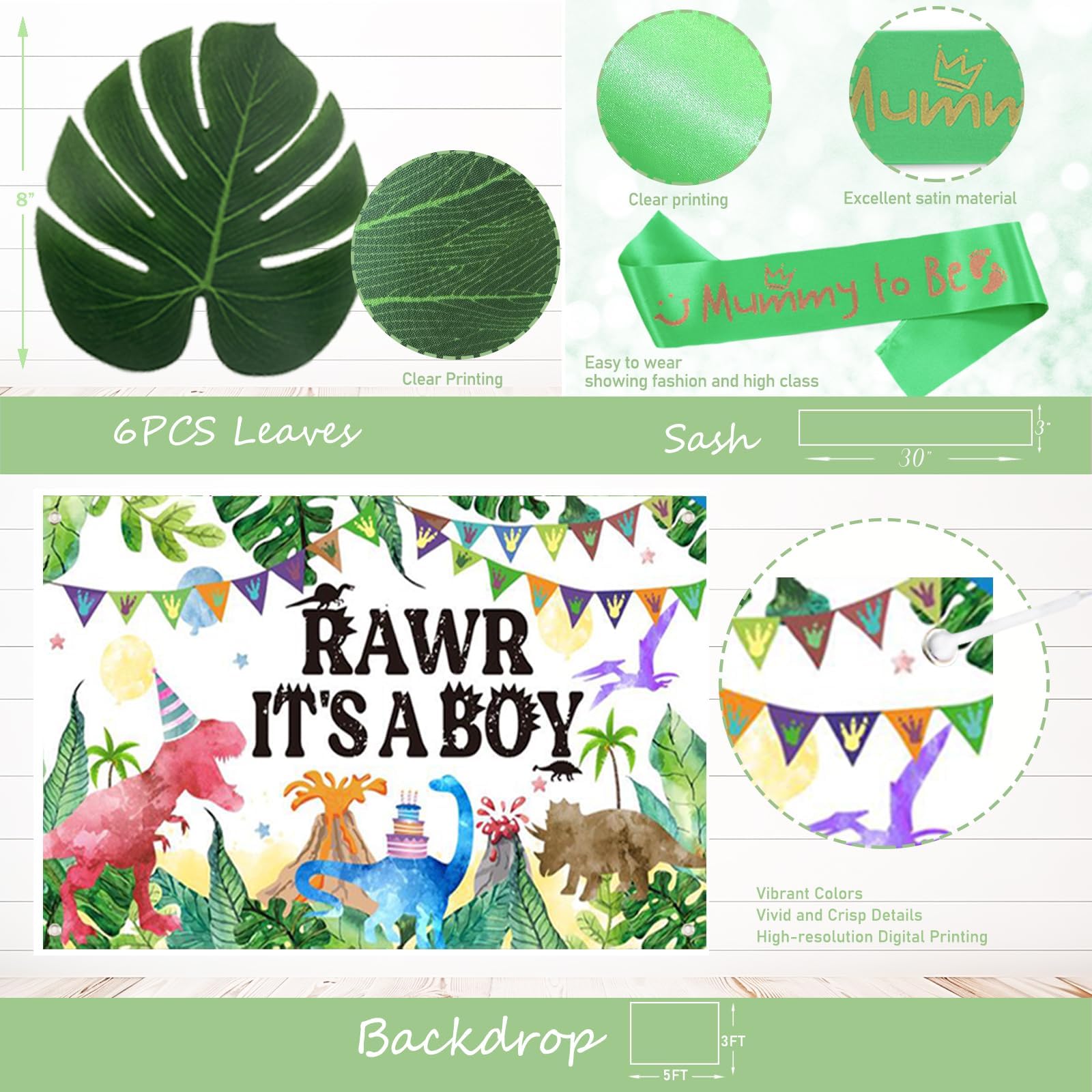 Dinosaur Baby Shower Decorations for Boys - Dino Themed Party Supplies with Backdrop, Balloon Banner, Cake Topper & Mummy Sash in Green & Gold | Perfect for Gender Reveal, First Birthday & Nursery Decor