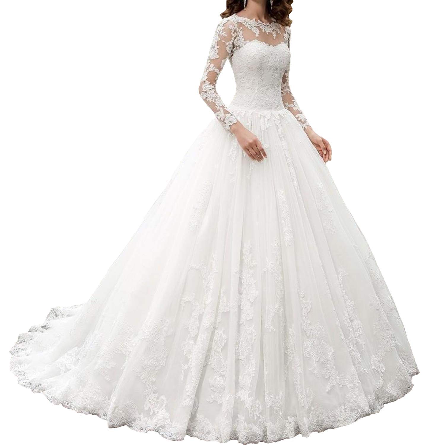 Elegant Sweetheart Scoop Neck Lace Ball Gown Wedding Dress with Long Sleeves - Perfect for Bridal Ceremonies, Formal Weddings & Romantic Photos