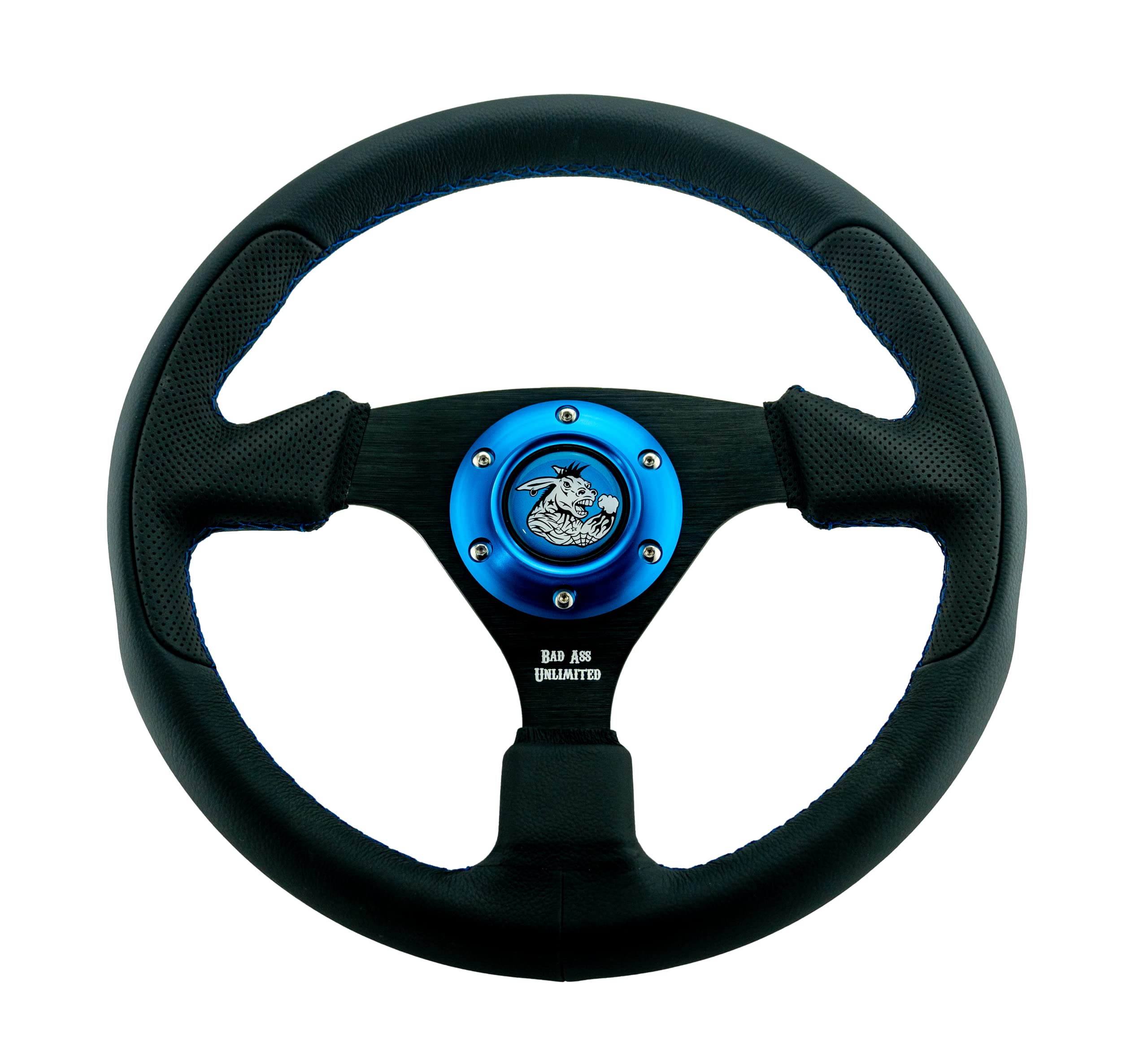 Black Leather Steering Wheel with Blue Stitch & Blue Horn Ring - Premium UTV Steering Wheel for Off-Road Vehicles, ATVs & Side-by-Sides - Durable & Comfortable Grip for Adventure Rides