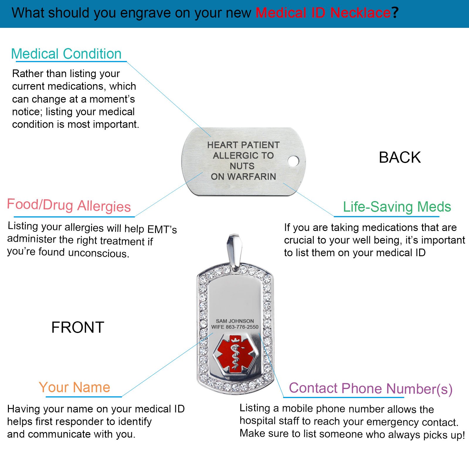 Divoti Pure Titanium Medical Alert Necklace for Women - Custom Engraved Dog Tag Medical ID Necklace with 24