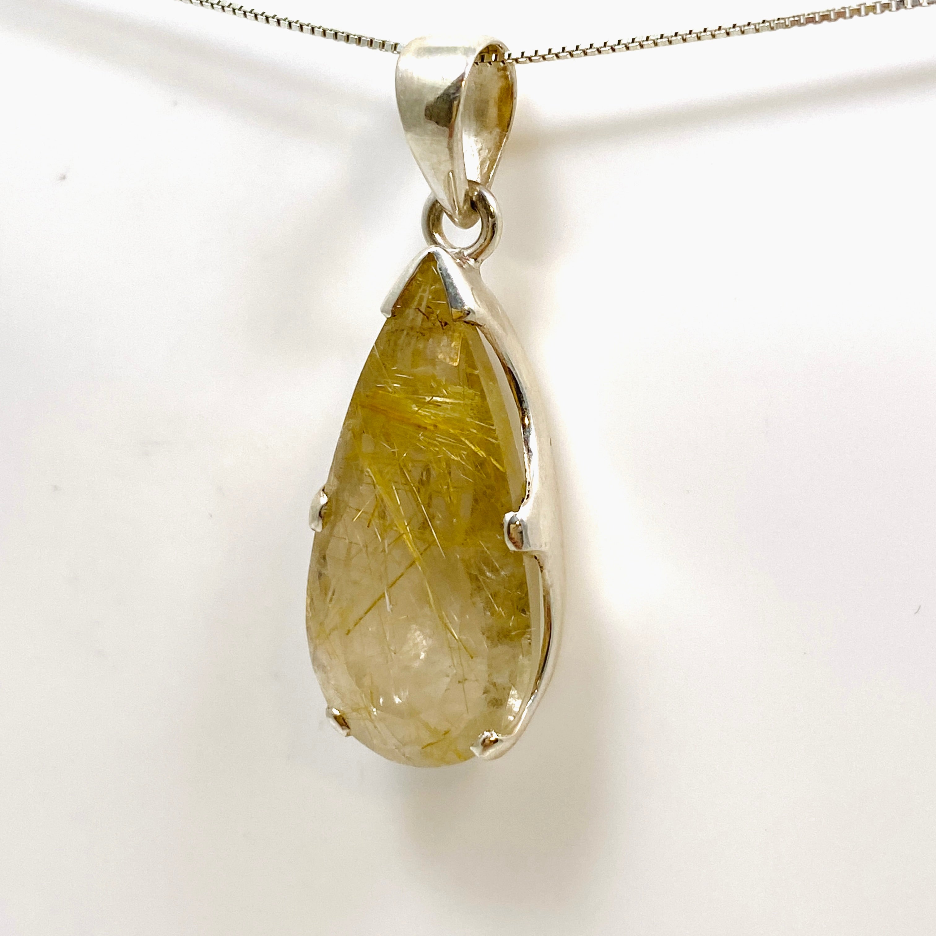 Golden Rutile Quartz Teardrop Faceted Pendant Necklace - Natural Gemstone Jewelry PPGJ888 for Women's Fashion & Spiritual Healing