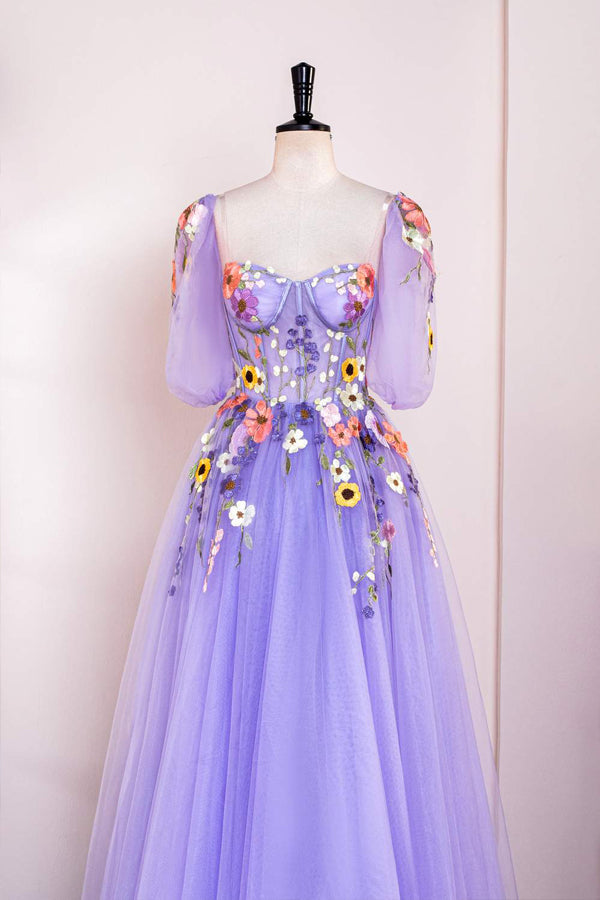 Elegant A-Line Lavender Floral Puff Sleeves Tulle Long Prom Dress TP1263 | Formal Evening Gown for Homecoming, Wedding, Quinceañera & Special Occasions