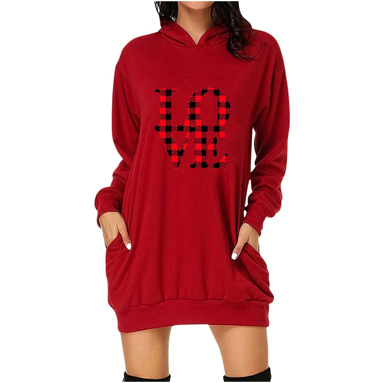 Dreamlascar Women's Plus Size Long Sleeve Hooded Tunic Dress with Heart Graphic & Pockets - Soft Comfy Casual Hoodie Dress for Everyday Wear, Work & Weekend Outings