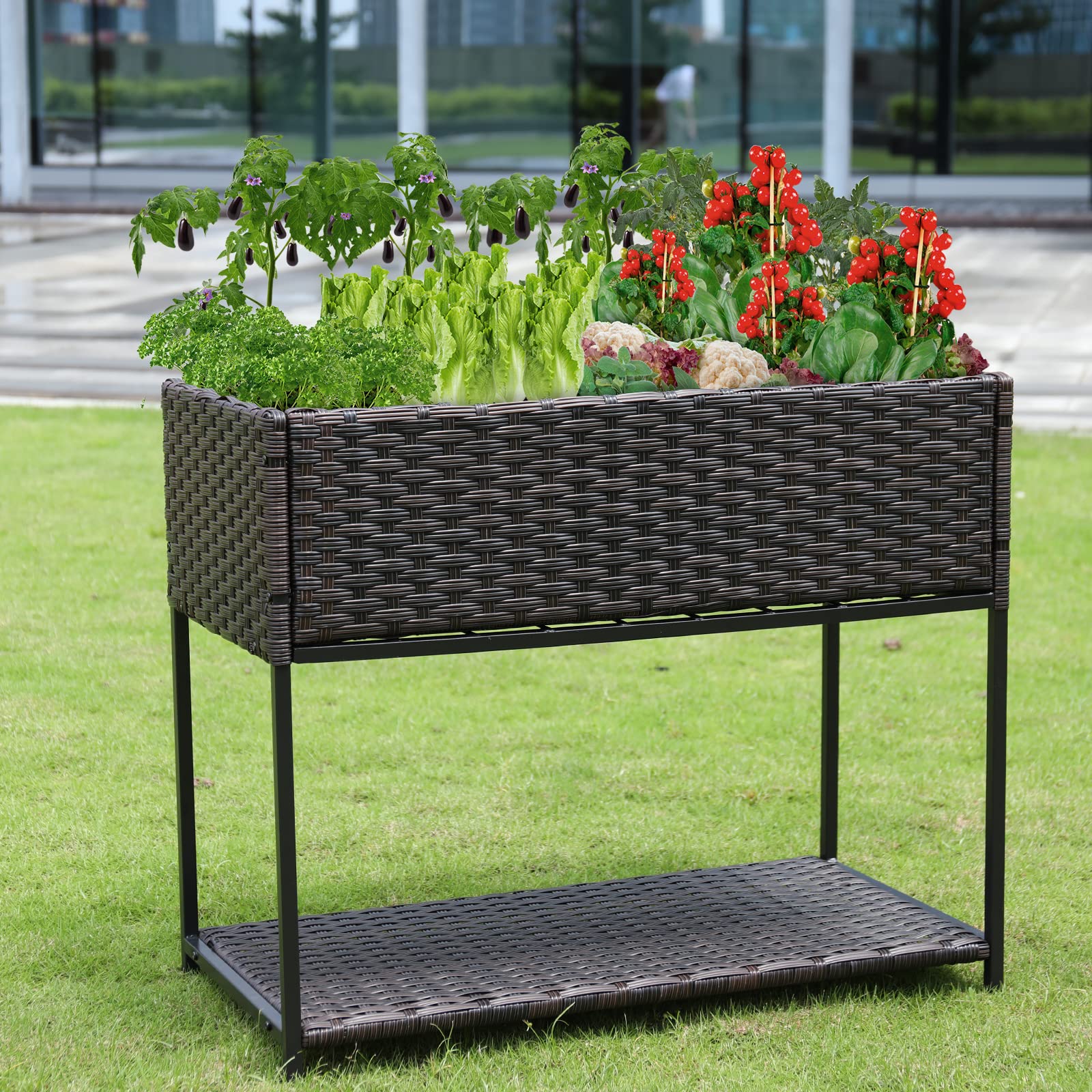 Elevated Rattan Raised Garden Bed with Underneath Tool Storage - Outdoor Planter Box for Herbs, Vegetables & Flowers - Perfect for Patio, Balcony & Backyard Gardening