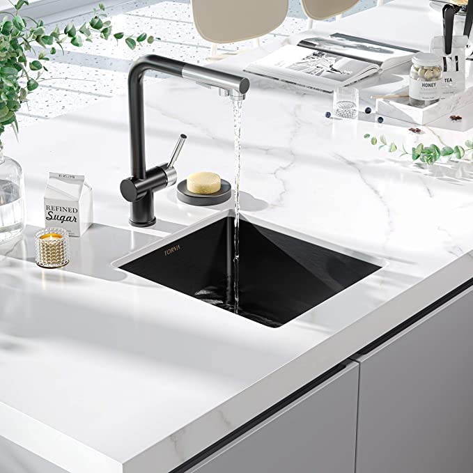 TORVA 14 x 14 Inch Undermount Bar Sink - Gloss Black Ceramic Coating with NanoTek Technology & Pull Down Kitchen Faucet | Perfect for Small Kitchens, Wet Bars, Coffee Stations & Outdoor BBQ Areas