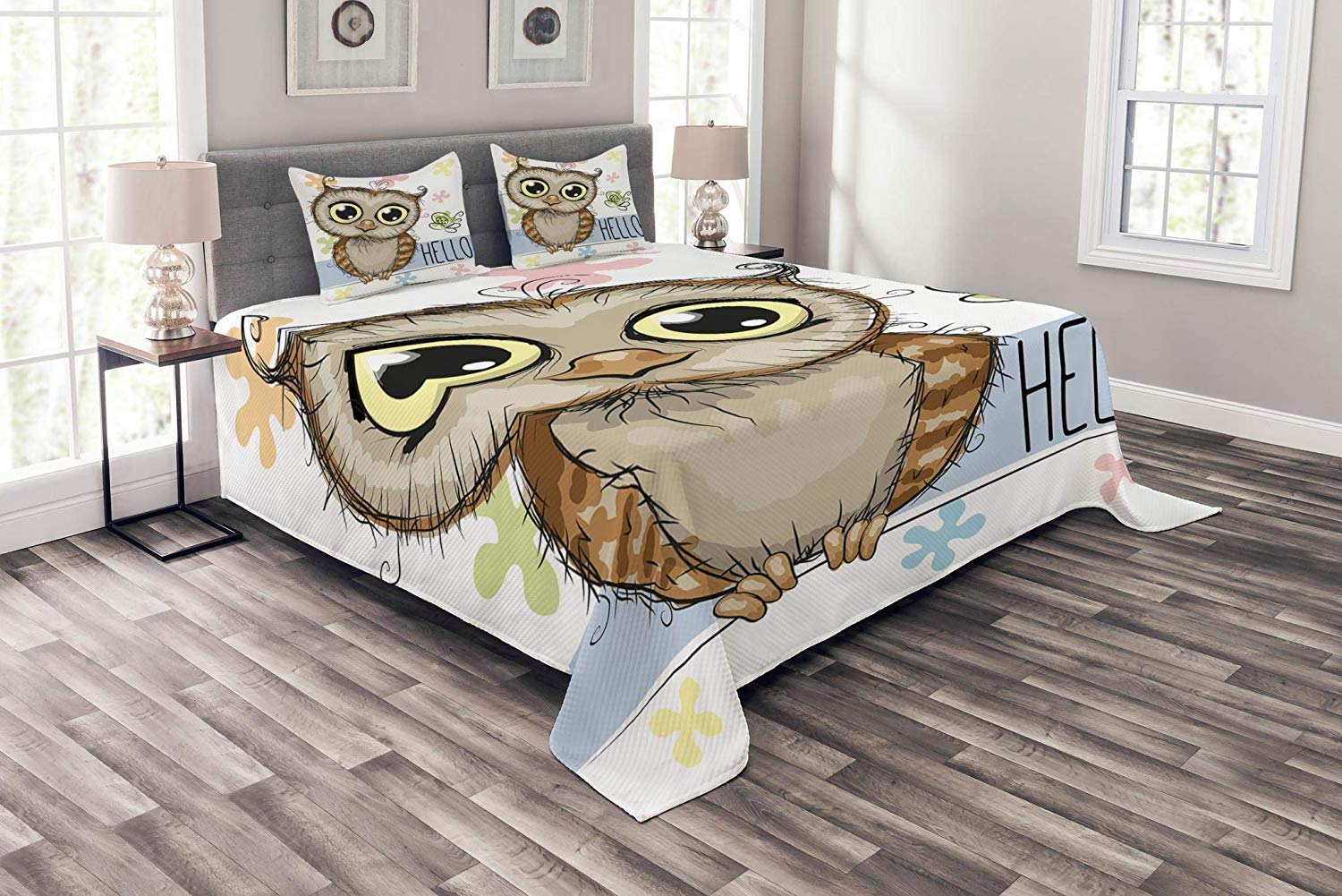 3 Piece Queen Size Bedding Set - Cartoon Owl & Butterfly Floral Duvet Cover with 2 Pillow Shams | Soft Microfiber Comforter Set for Teens & Adults | Perfect for Bedroom Decor, Guest Rooms & Cozy Nights