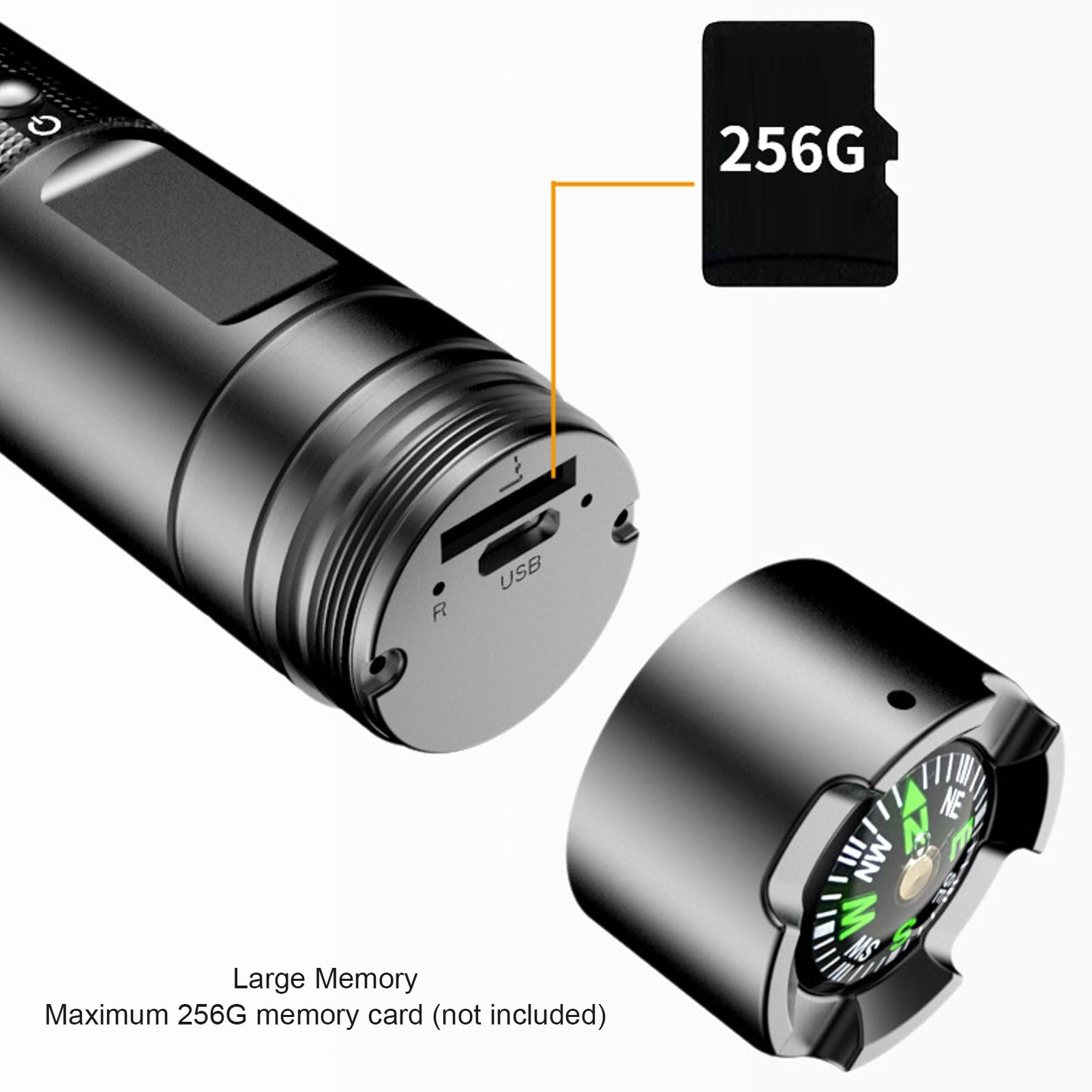 Rechargeable Waterproof LED Flashlight with 1080P HD Action Camera & Compass - Tactical Torch for Helmet Mounting, Biking, Camping & Outdoor Adventures - Perfect for Night Hiking, Emergency Situations & Survival Gear