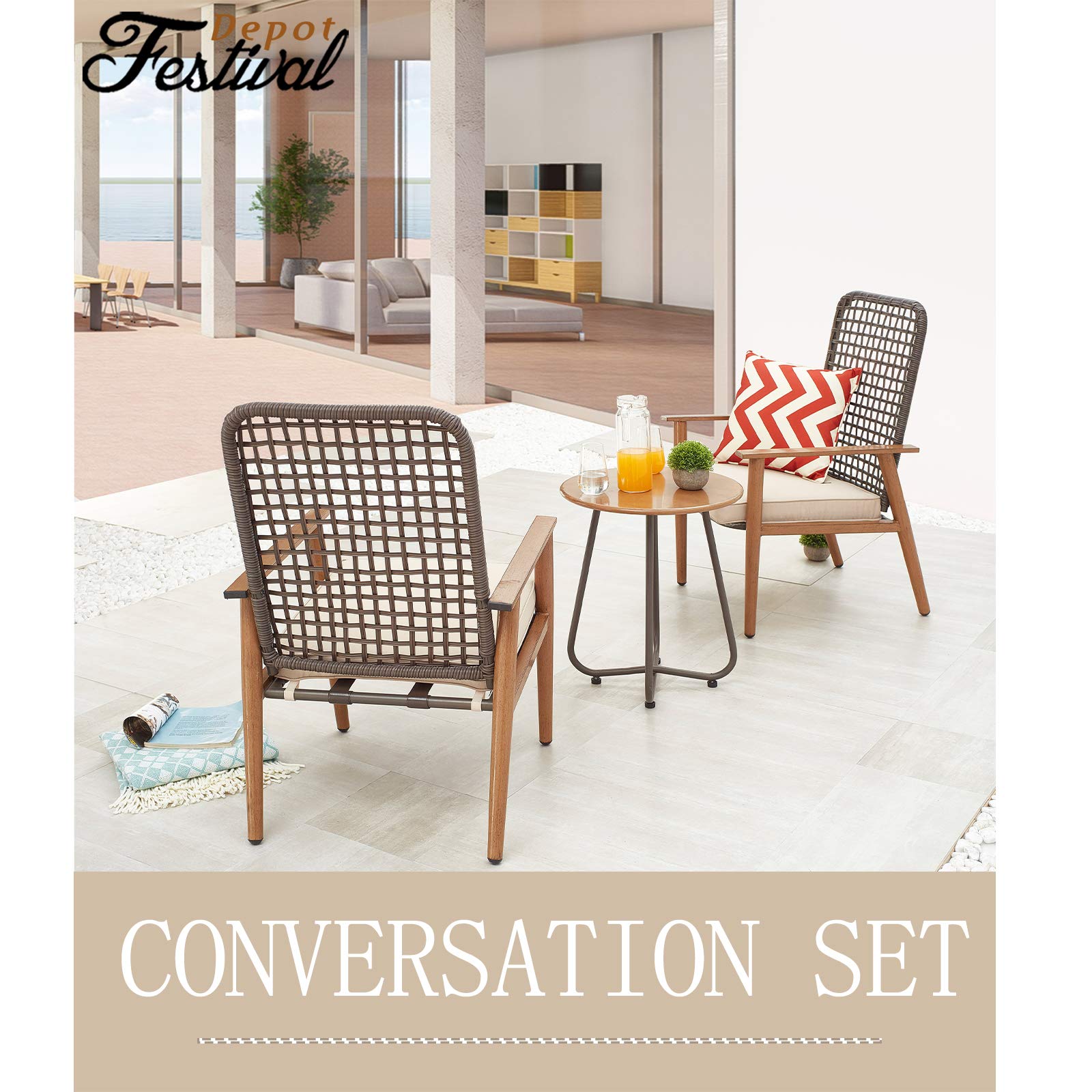 3-Piece Outdoor Bistro Set with Wooden-Color Armchairs & Metal Iron Side Table - Patio Furniture with Cushions for Garden, Cafe, or Backyard Relaxation (Khaki)