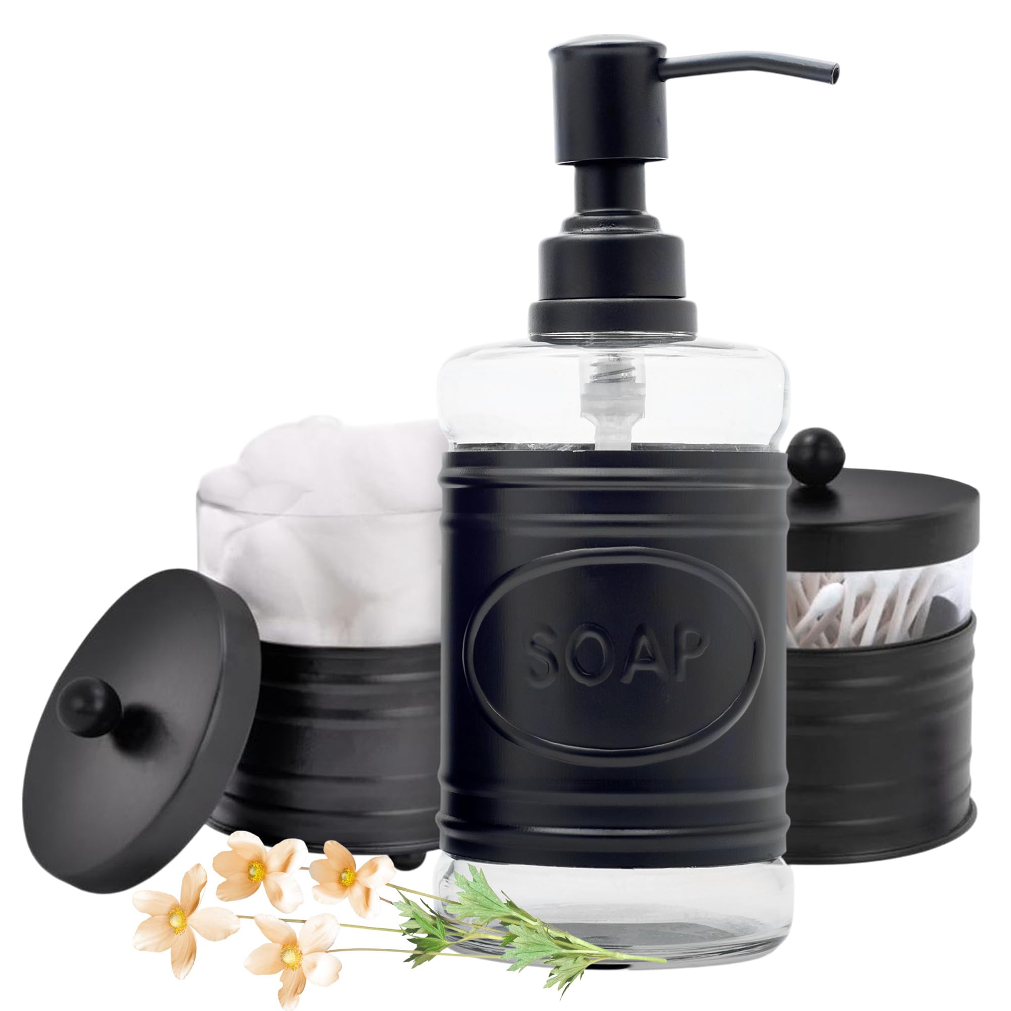 Modern Farmhouse Bathroom Accessory Set - 3 Piece Matte Black Soap Dispenser, Cotton Ball Jar with Lid & Q-Tip Holder - Rustic Vanity Organizer for Sink Countertop | Perfect for Farmhouse, Cottage & Vintage Style Bathroom Decor
