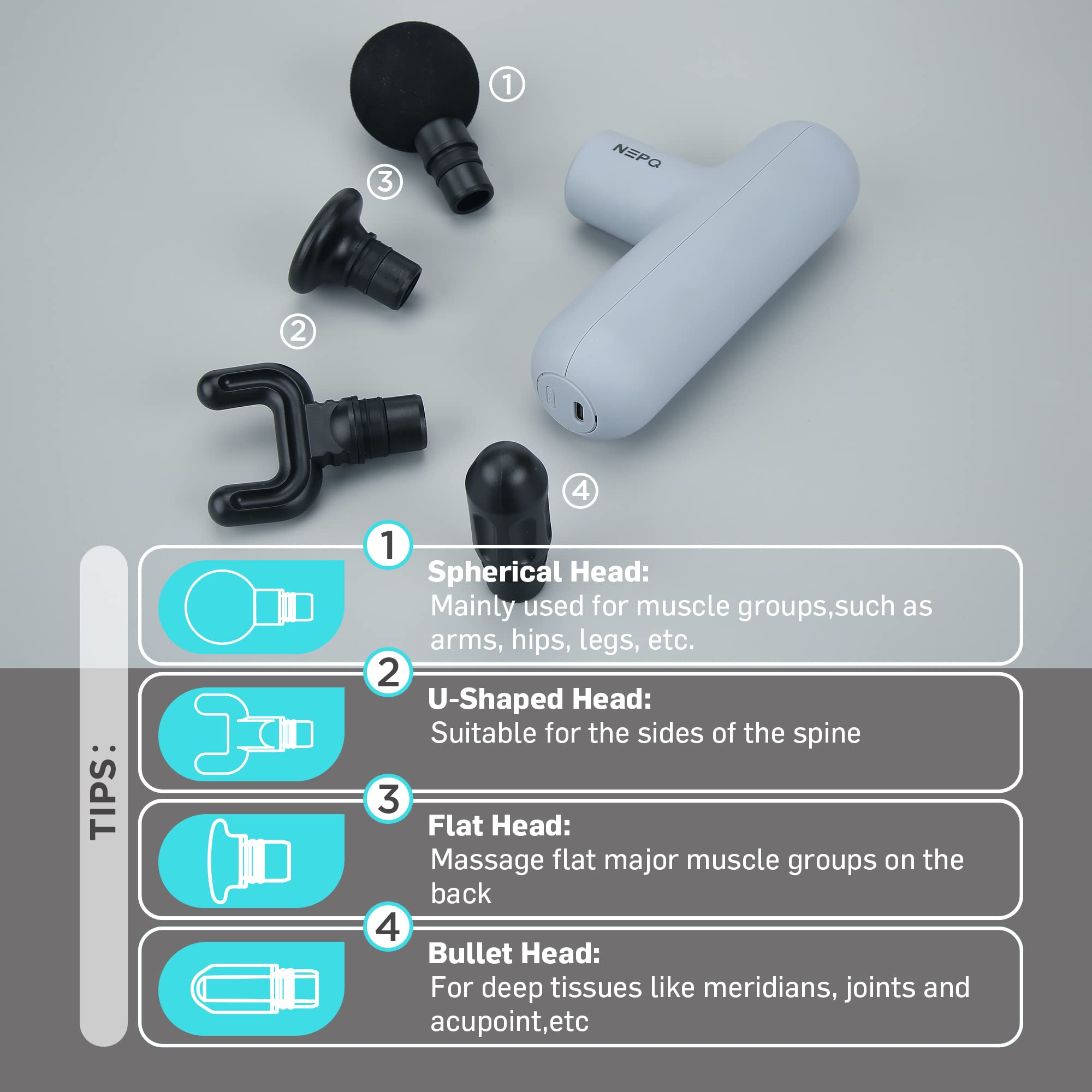 SK6 Mini Massage Gun - Portable Deep Tissue Percussion Muscle Massager with 4 Heads & 4 Speeds for Pain Relief - High-Intensity Vibration, Rechargeable (Gray) - Perfect for Athletes, Office Workers & Home Relaxation