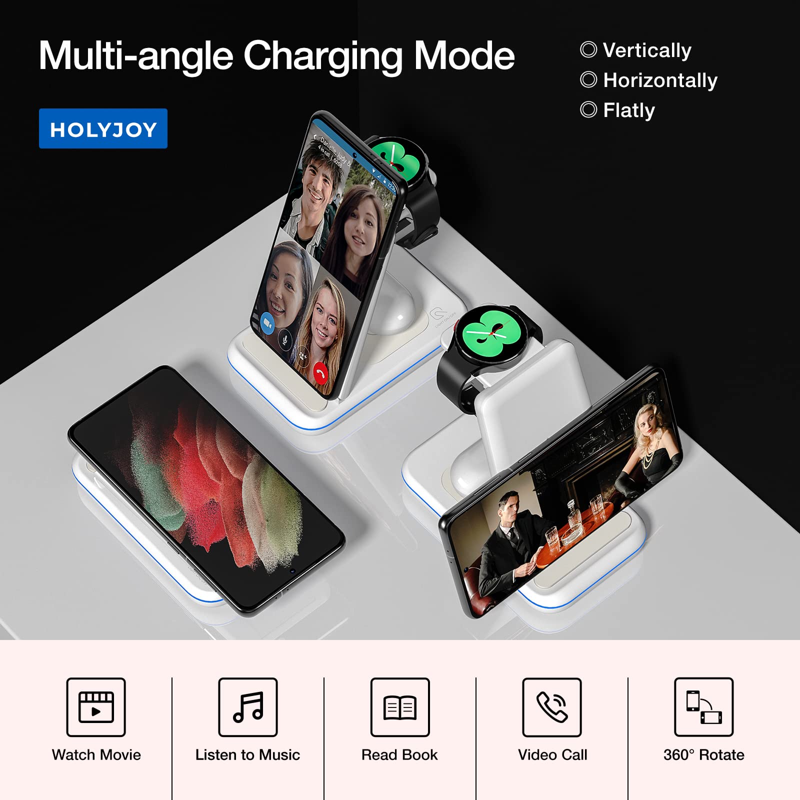 HOLYJOY 3-in-1 Foldable Fast Wireless Charging Station for Samsung S25 Ultra/S24/Note 20, Galaxy Watch 7/6/5/4/Active 2 & Buds - Portable Travel Charger Stand (White) | Perfect for Home, Office & Travel Use