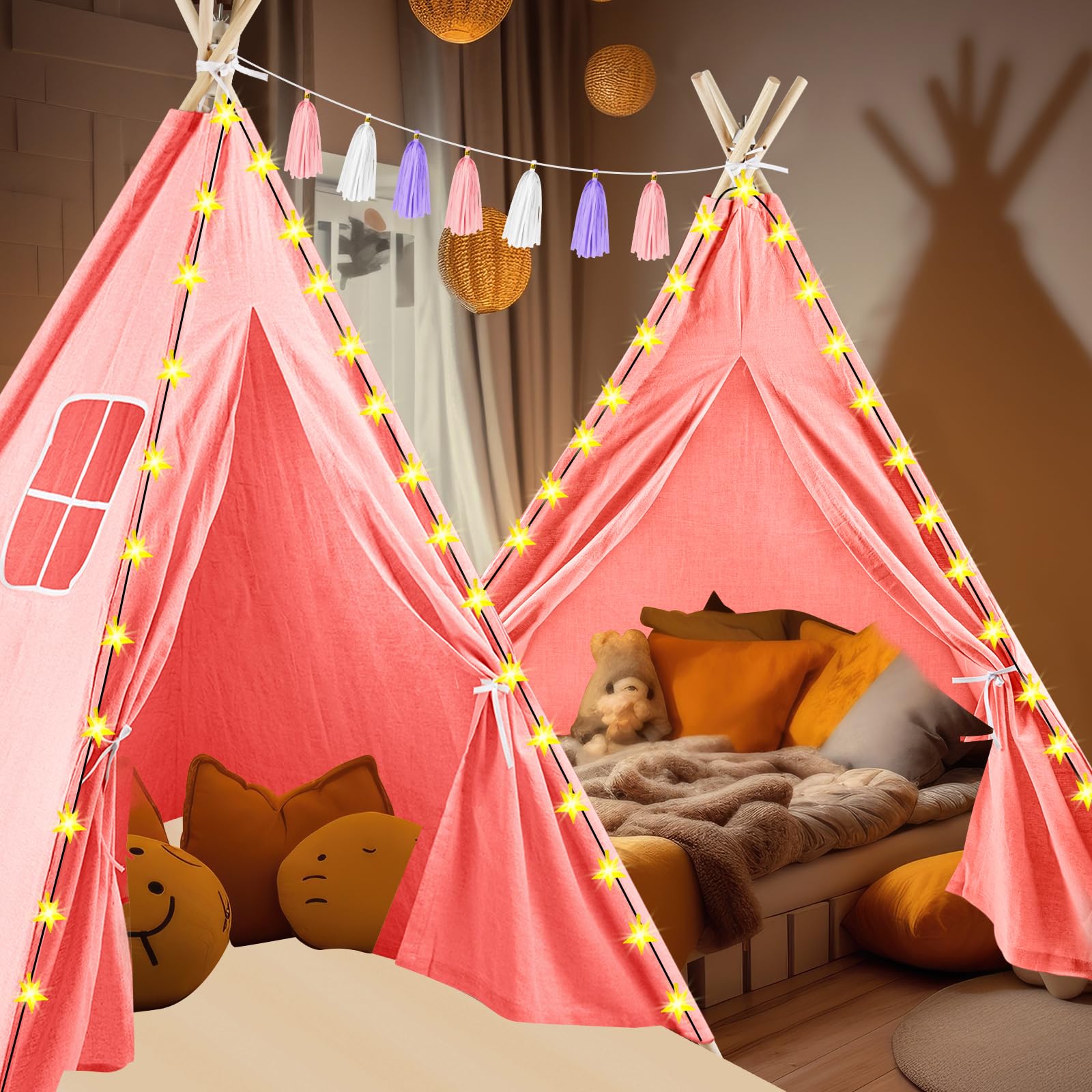 PLULON 4 Pack Pink Teepee Tent for Kids - Indoor Outdoor Play Tent with Inflatable Airbed & Decorations - Perfect for Girls Slumber Parties, Sleepovers, and Backyard Camping Adventures