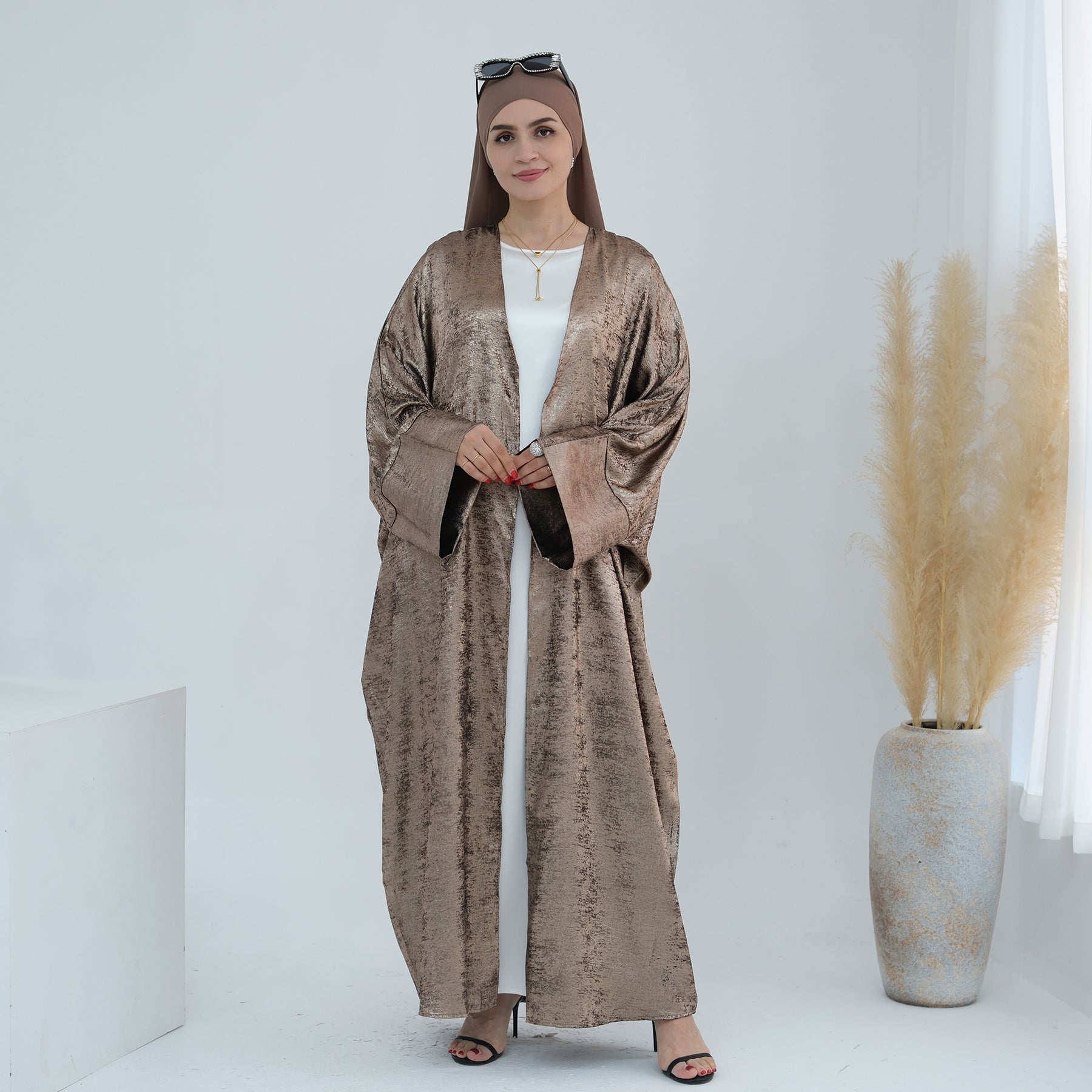 Draya Shimmer Kimono Open Abaya - Elegant Brown Islamic Robe for Women | Perfect for Prayer, Eid, and Special Occasions