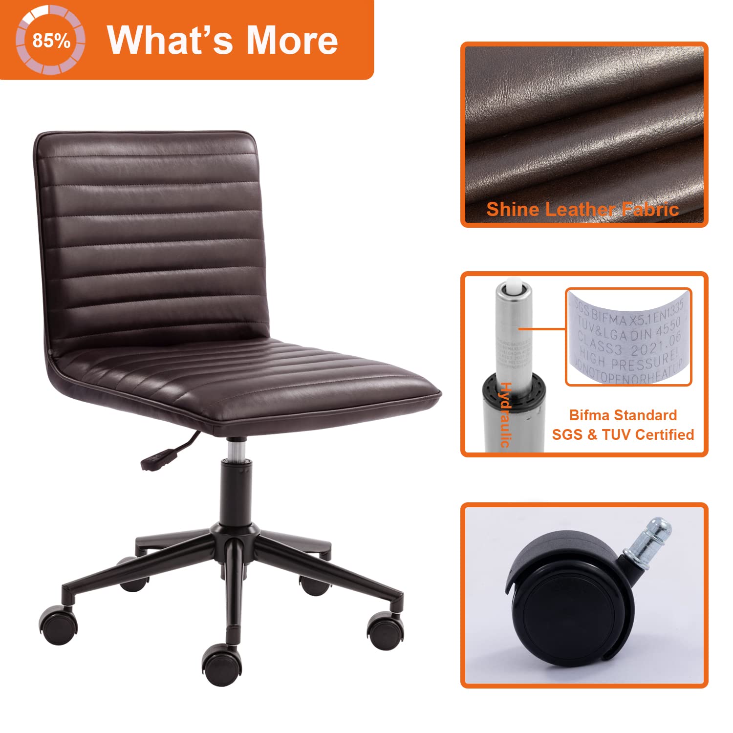 Furnimart Modern Armless Office Desk Chair - Genuine Leather Task Chair with Mid-Back Support, 360° Swivel & Height Adjustable - Ergonomic Home Office Chair for Small Spaces (Black/Brown) - Perfect for Home Offices, Study Rooms & Workspaces