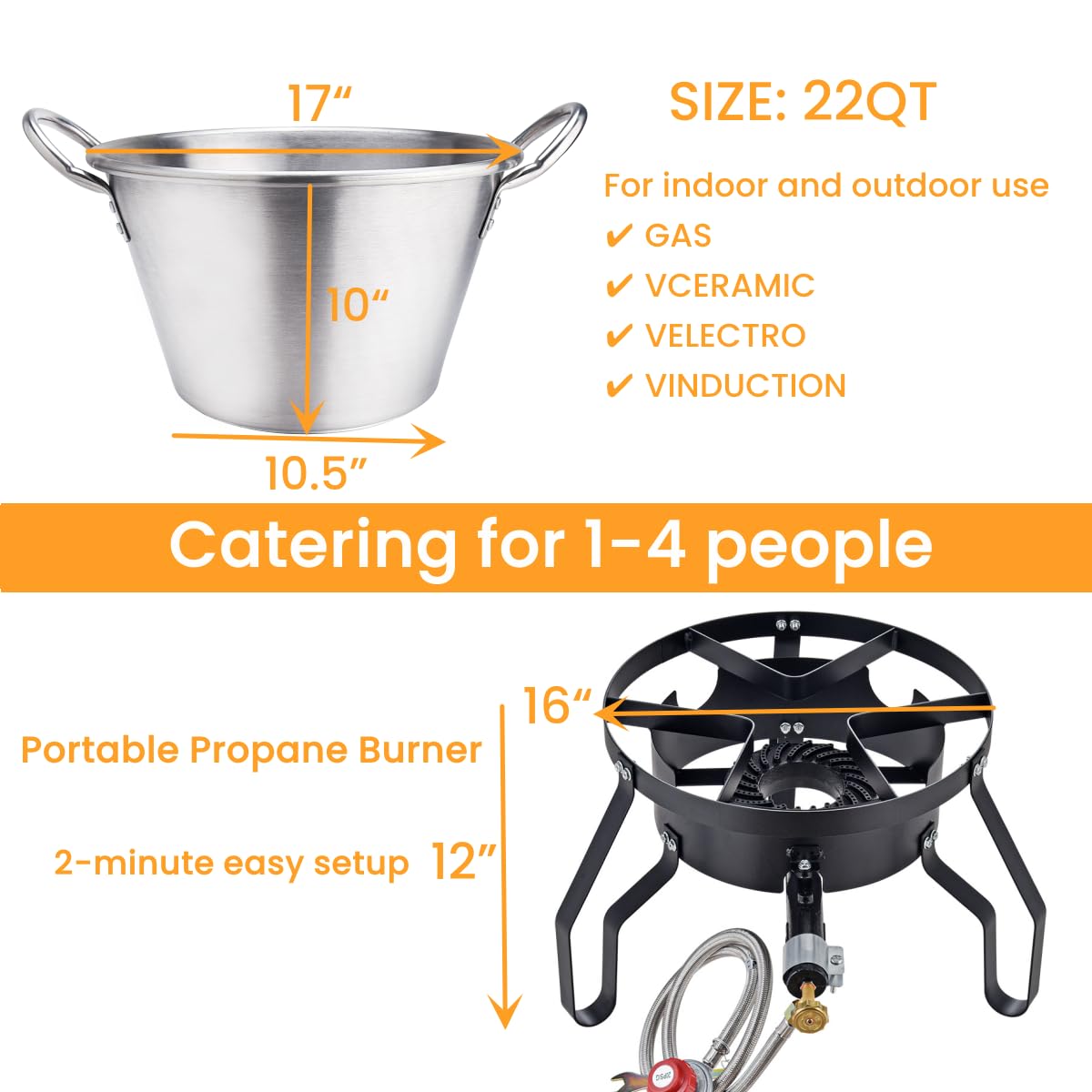 22QT Mexican Cazo Carnitas Set with 100,000BTU Propane Burner - Heavy Duty Sandwich Bottom Outdoor Wok for Braising, Seafood Boiling & Taco Cooking - Stainless Steel Comal Fryer - Perfect for Backyard Parties, Camping & Outdoor Cooking