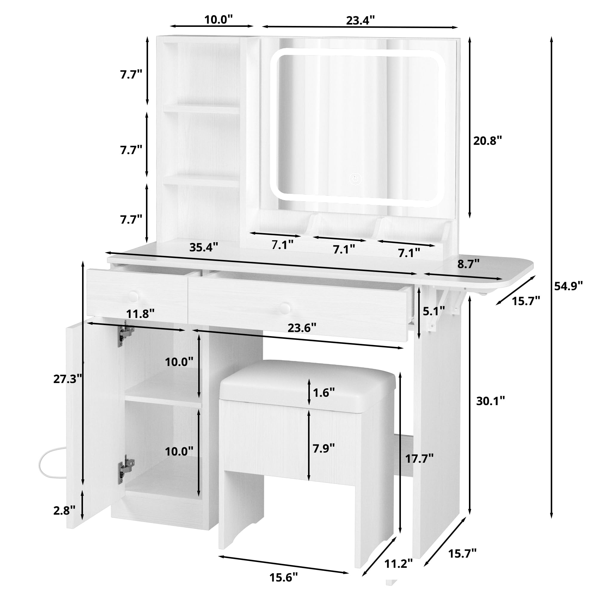 IRONCK White Vanity Desk with LED Lighted Mirror, Power Outlet & Storage Stool - Makeup Dressing Table with Drawers & Cabinet for Bedroom | Perfect for Beauty Routine, Cosmetics Organization & Home Decor