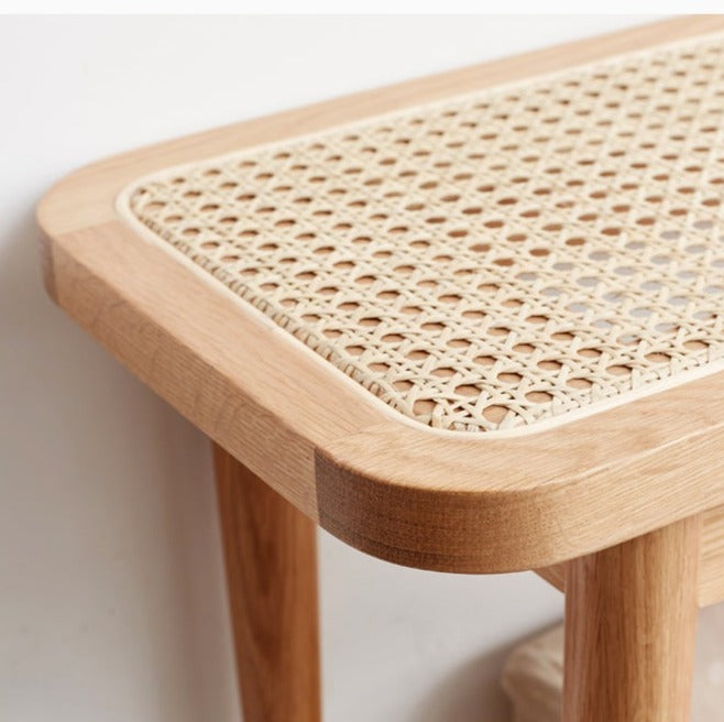 Solid Oak Wood Rattan Bench - Rustic Entryway, Patio, or Garden Seating - Handwoven Wicker Design for Indoor and Outdoor Use