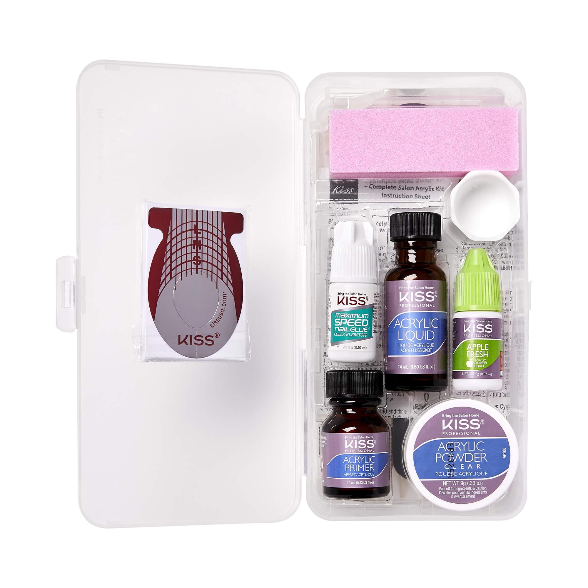 KISS Complete Salon Acrylic Fake Nails Manicure Kit - Includes Acrylic Liquid, Primer, Clear Powder, Fast-Drying Nail Glue & 60 Long Bubble-Free Nails | DIY Nail Extensions for Home, Parties & Special Occasions