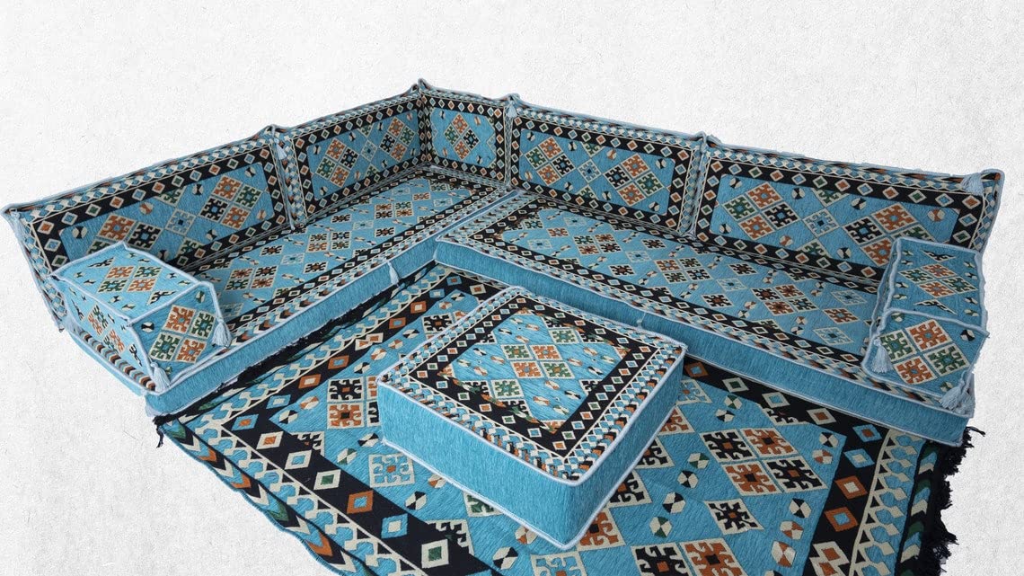 Turquoise Arabic Sofa - Bohemian Sectional Loveseat with Floor Cushions for Meditation & Lounge Seating | Perfect for Home Decor, Moroccan Style Living Room & Cozy Corner Relaxation