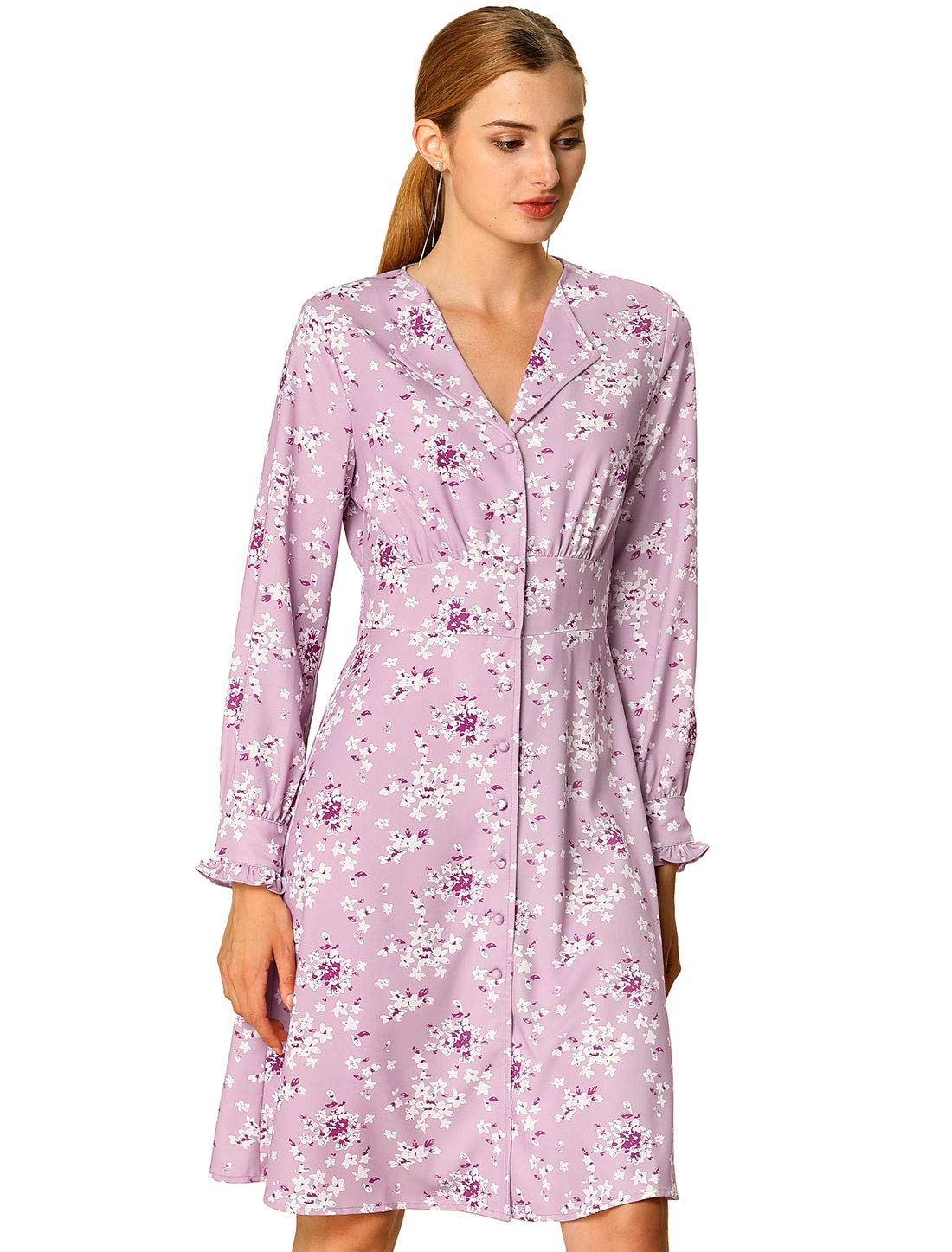 Allegra K Women's Floral Smocked Waist Shirt Dress with Notch Lapel Long Sleeve for Fall | Elegant Office Wear & Casual Outings