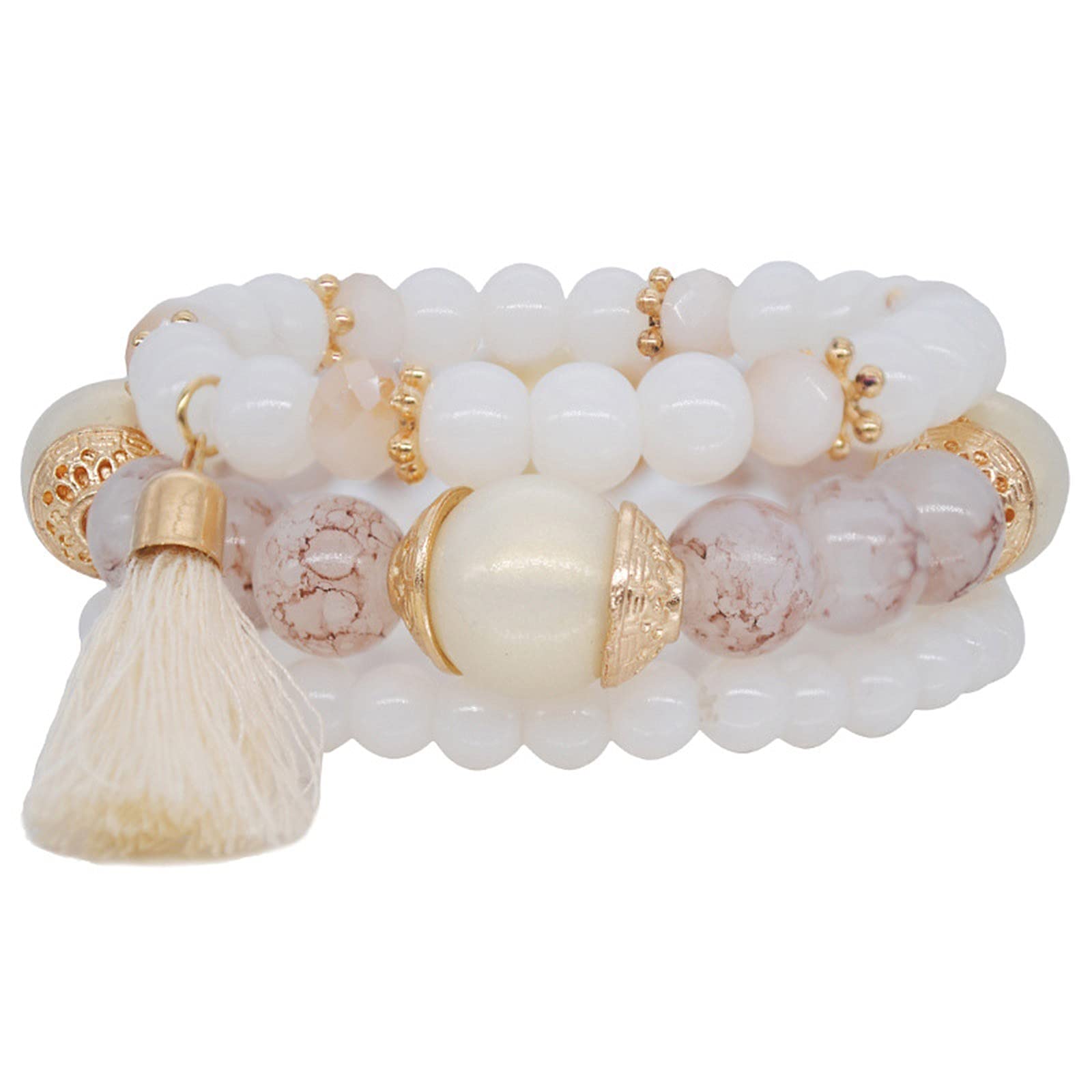 Crystal Pearl Bohemian Bracelet Set for Women - Multi Strand Hand String Style Ocean Wave Circle Bracelet & Earrings in Gold & White (One Size) - Perfect for Beach Parties, Boho Fashion & Everyday Wear