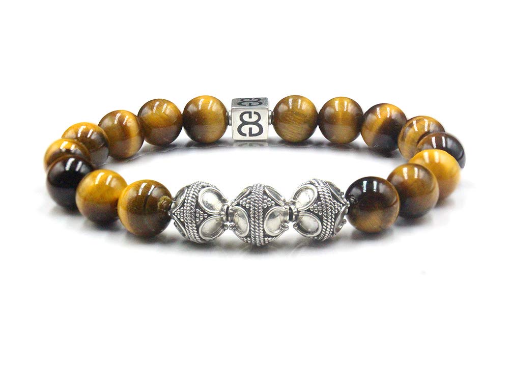 Men's Tiger's Eye Bracelet with Sterling Silver Bali Beads - Handmade Designer Jewelry for Men - Perfect for Gifts, Meditation & Spiritual Protection