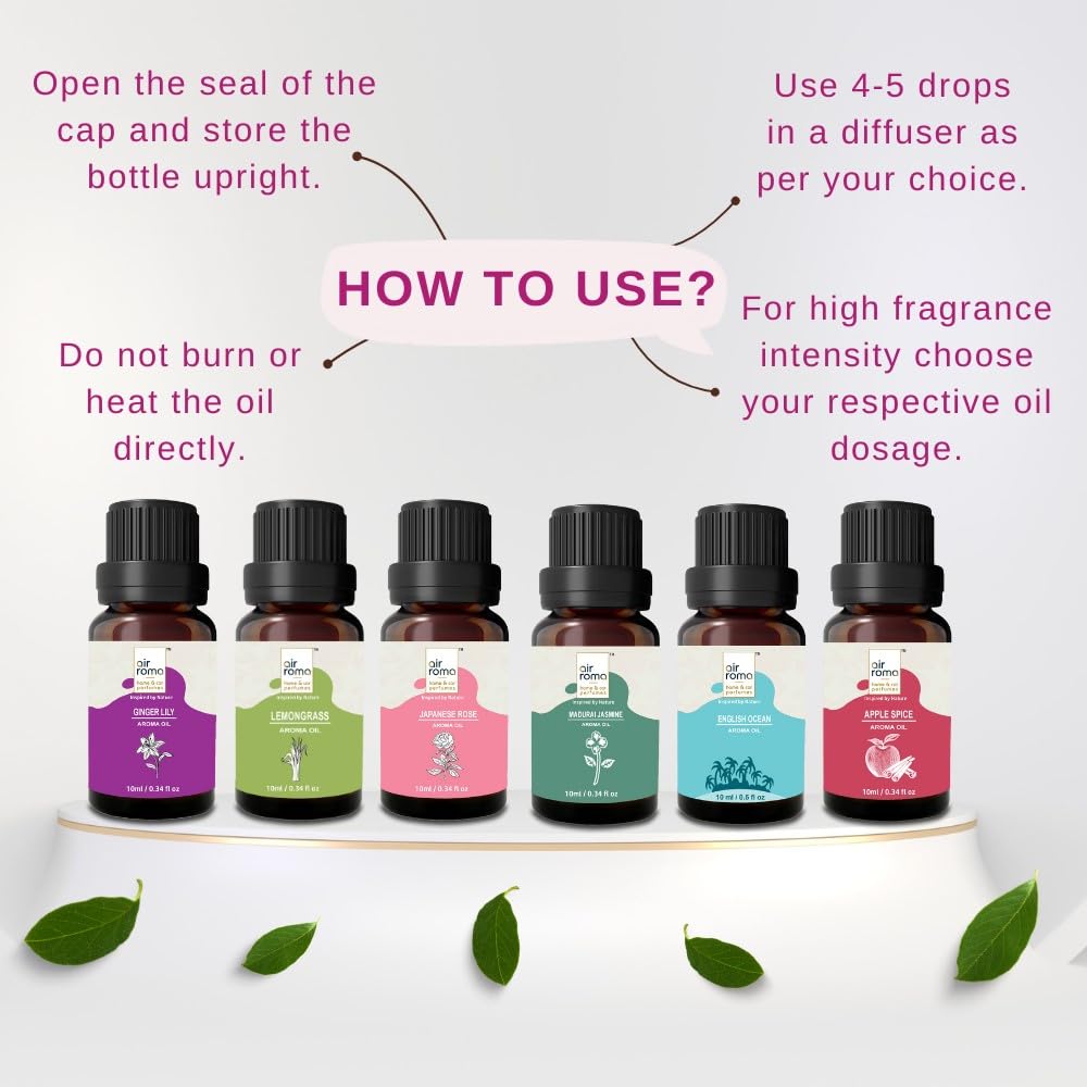 Premium AIR-ROMA Essential Oil Diffuser Set - 6 Fragrances (Lemongrass, Japanese Rose, Jasmine, Apple Spice, Ocean Breeze, Ginger Lily) 60ml Bottles for Aromatherapy, Home Relaxation, Office & Spa Use