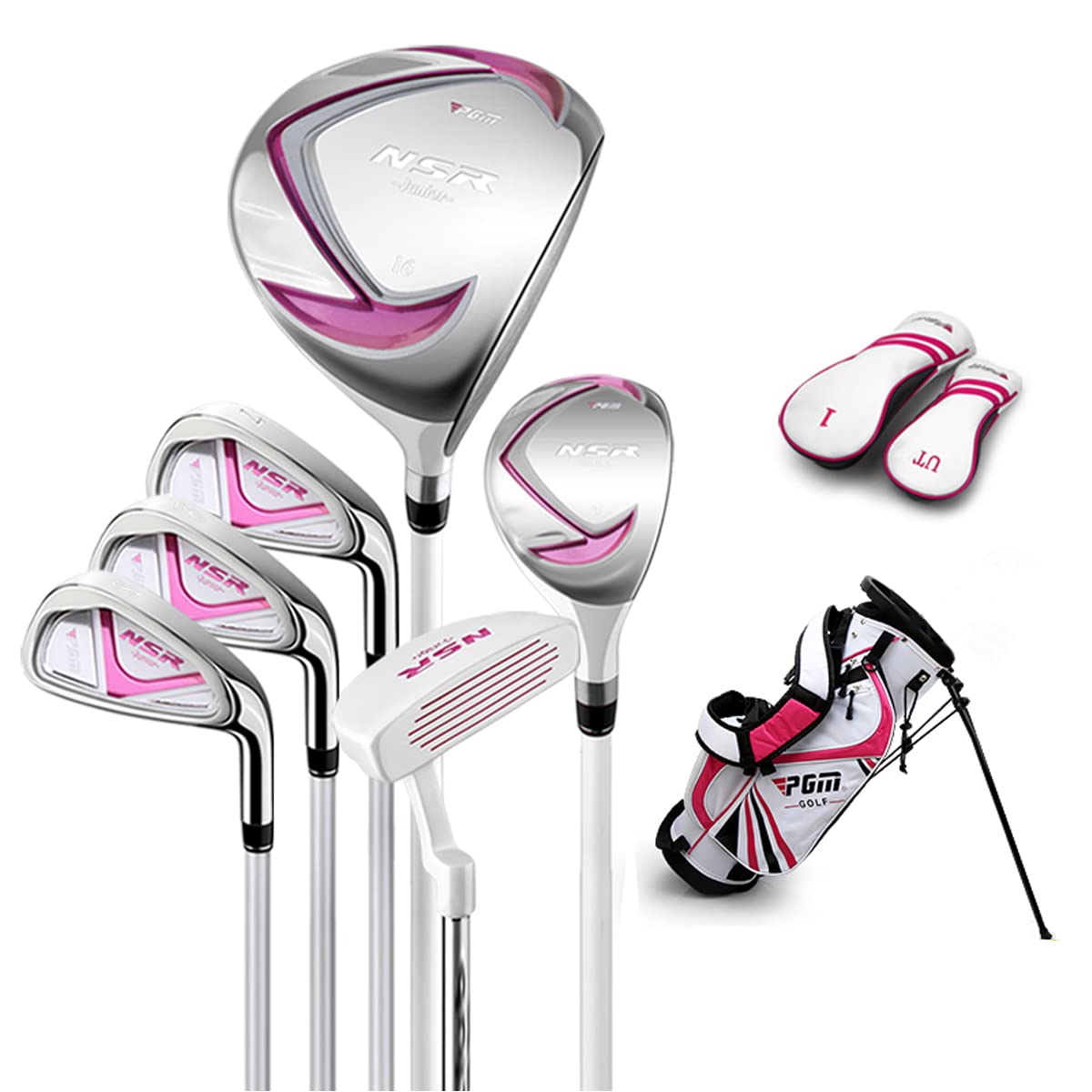 PGM Junior Golf Club Complete Set - Right Handed 6-Piece Youth Golf Clubs for Kids (Driver, Hybrid, 7 & 9 Irons, Wedge, Putter) with Stand Bag & 2 Headcovers - Perfect for Boys & Girls Learning Golf | Ideal for Backyard Practice, Driving Range & Junior Tournaments