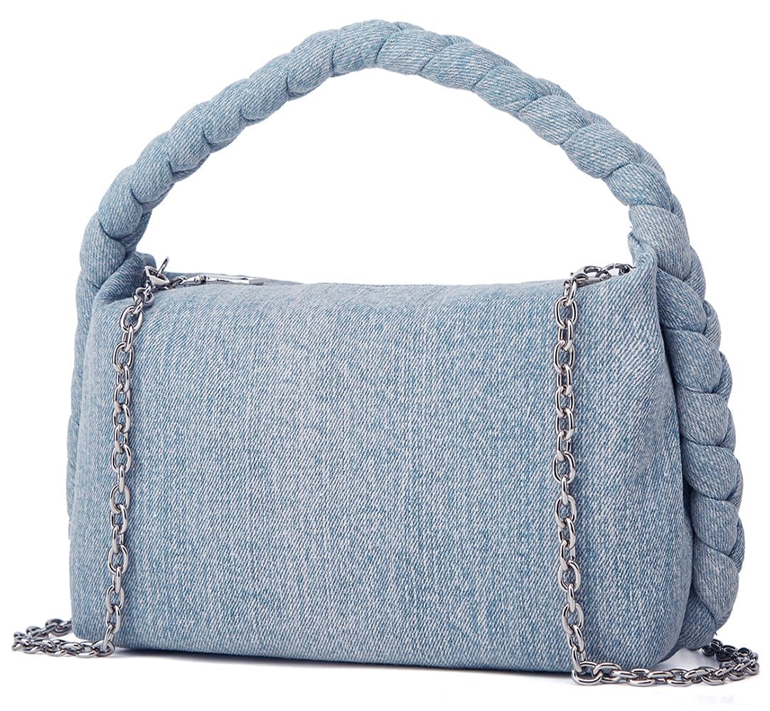 Trendy Women's Denim Clutch Handbag with Chain Strap - Stylish Jean Satchel Tote, Woven Top Handle & Crossbody Sling Bag for Casual Outings, Parties & Everyday Use