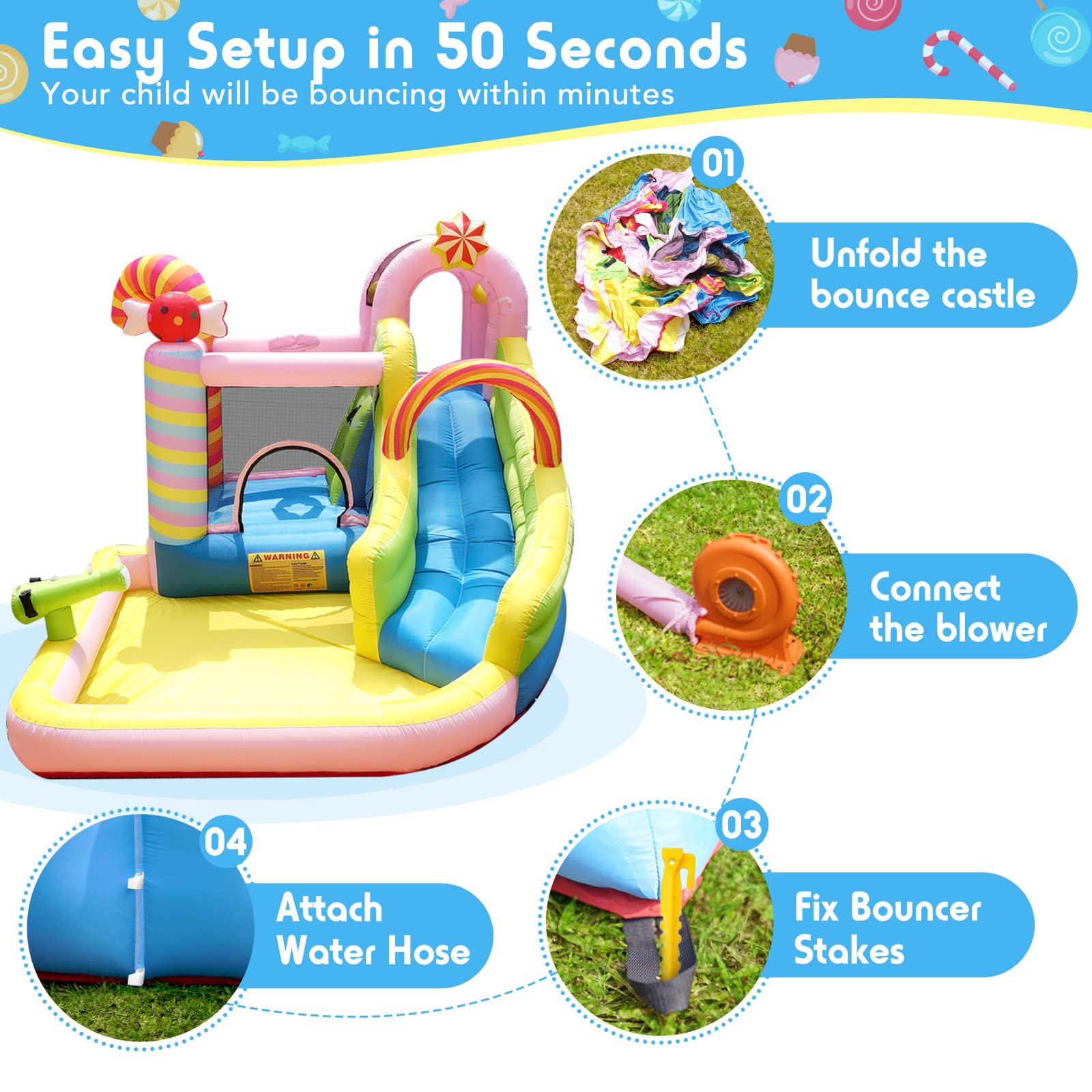 **6-in-1 Inflatable Bounce House Water Slide - Sweet Candy Water Park with 450W Blower, Splash Pool for Kids & Adults | Wet & Dry Combo Bouncy Castle for Backyard Parties, Summer Fun & Outdoor Play**
